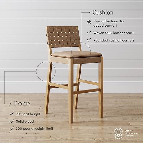 Miniatura 4 de Nathan James Cohen Mid-Century - Moderno taburete de bar de madera de 29 pulgadas, taburete tapizado de piel sintética con marco de madera maciza,
