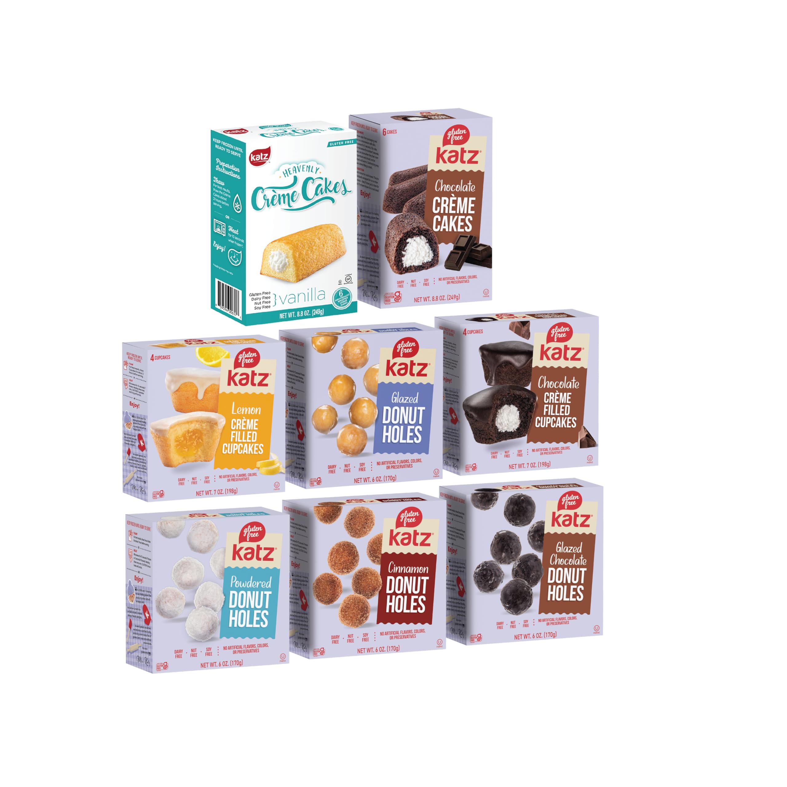 Katz Gluten Free 8pk. 2 Flavors Creme Cakes. 2 Flavors Creme Cupcakes. 4 Flavors Donut Holes. Free of Gluten, Dairy, Tree Nuts, Peanuts, Sesame, and Soy,