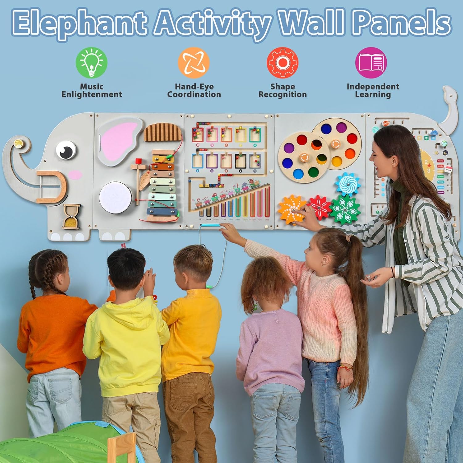 5FT Large Elephant Activity Wall Busy Board Wooden Sensory Wall Panel Educational Montessori Toys for Toddler Kids Interactive Sensory Activity Board Learning Center Playroom Daycare Nursery Decor