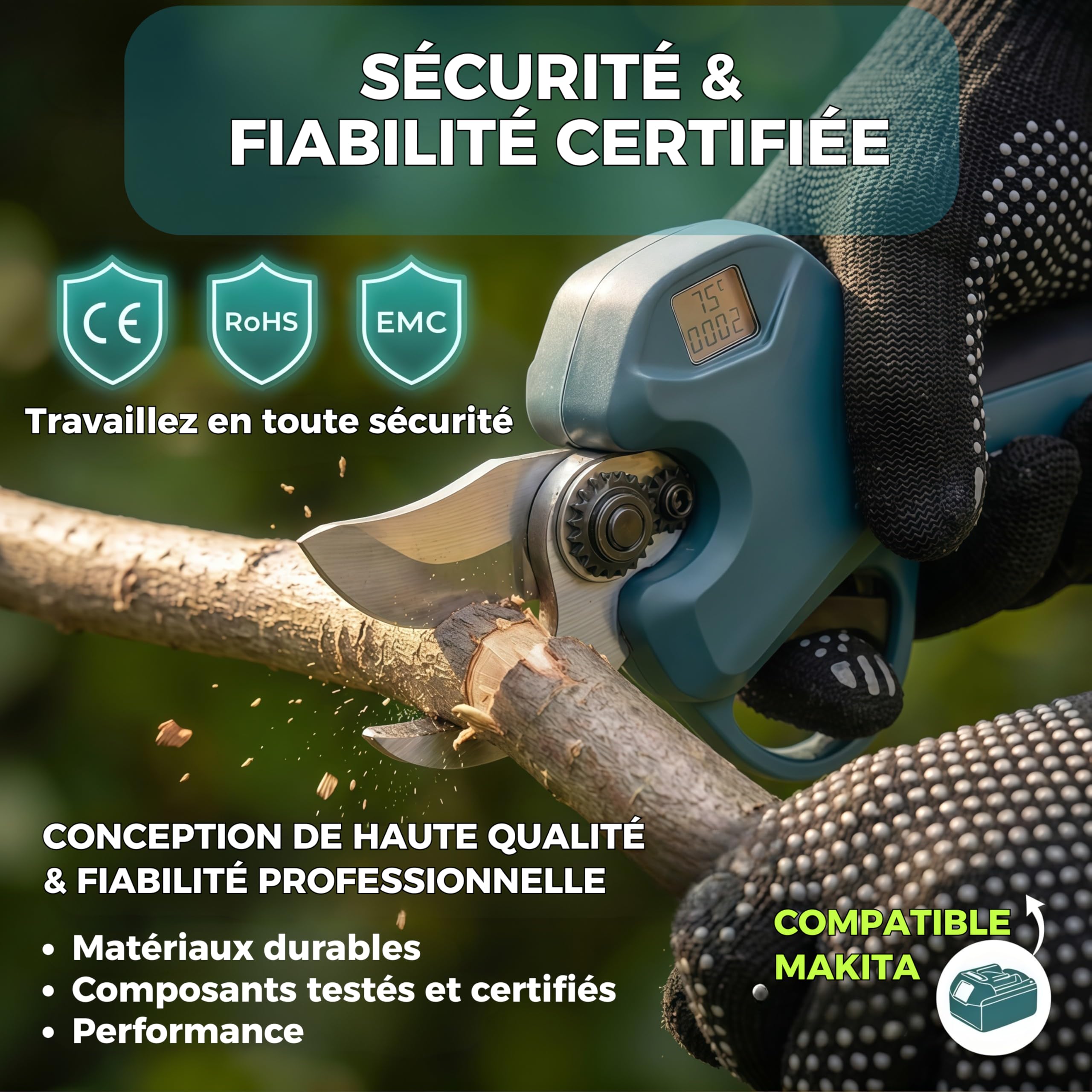 Sécateur Électrique Sans Fil 40mm - Sécateur à Batterie 6000mAh - 2 Batterie 21V - Brushless 800w - Coupe Branche Professionnel - Kit complet BLADEPRO