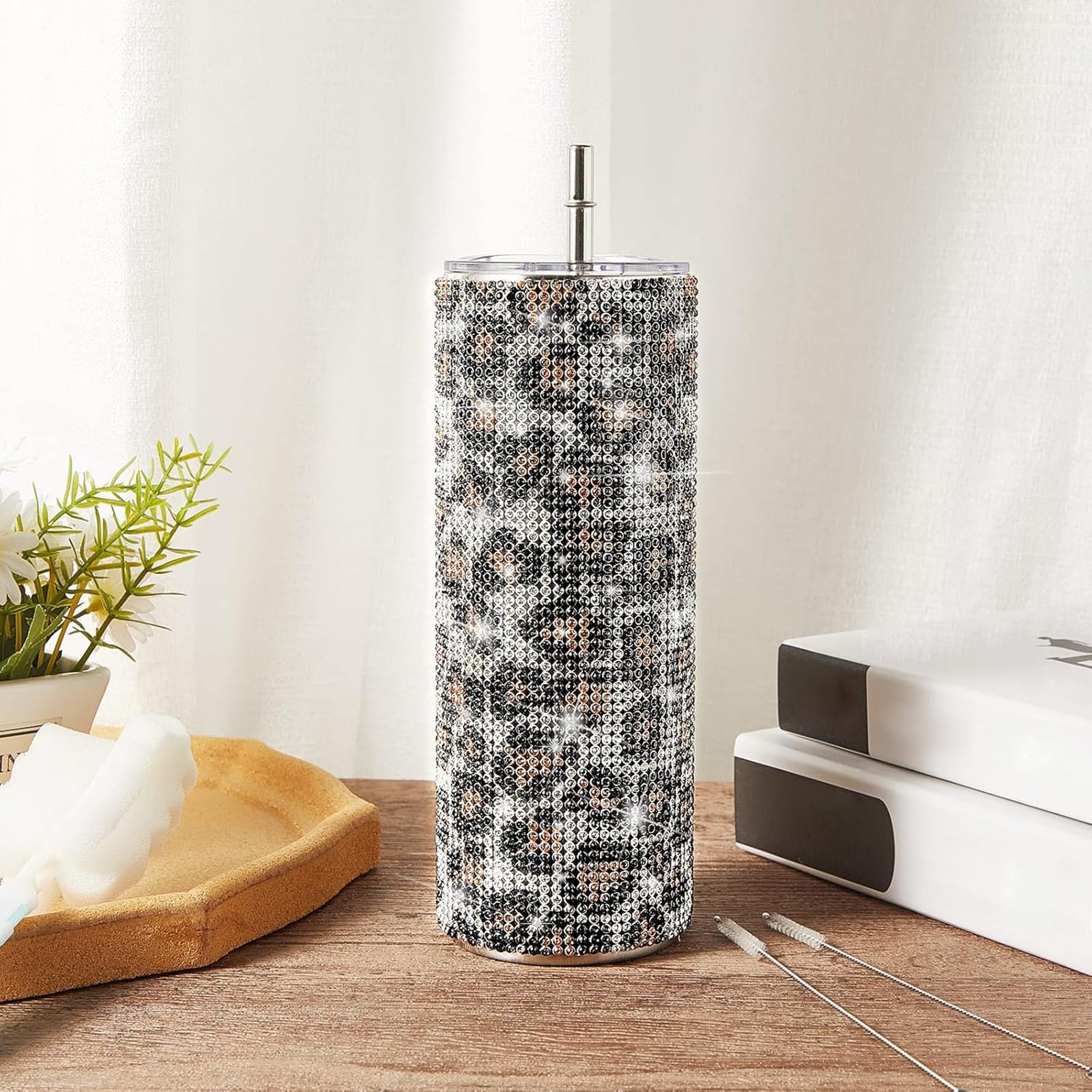 Glitzer-Wasserflasche 590 Ml – Edelstahl, Isoliert, Mit Strasssteinen, Strohhalm & Bürste, Bunt