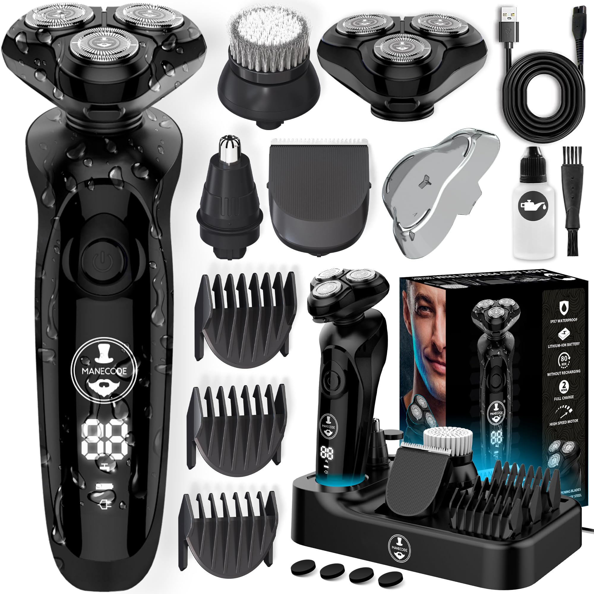 MANECODE Electric Razor for Men - Shaver with Floating 8 Contouring Technology IQ Cleaning Sensor Charging Station