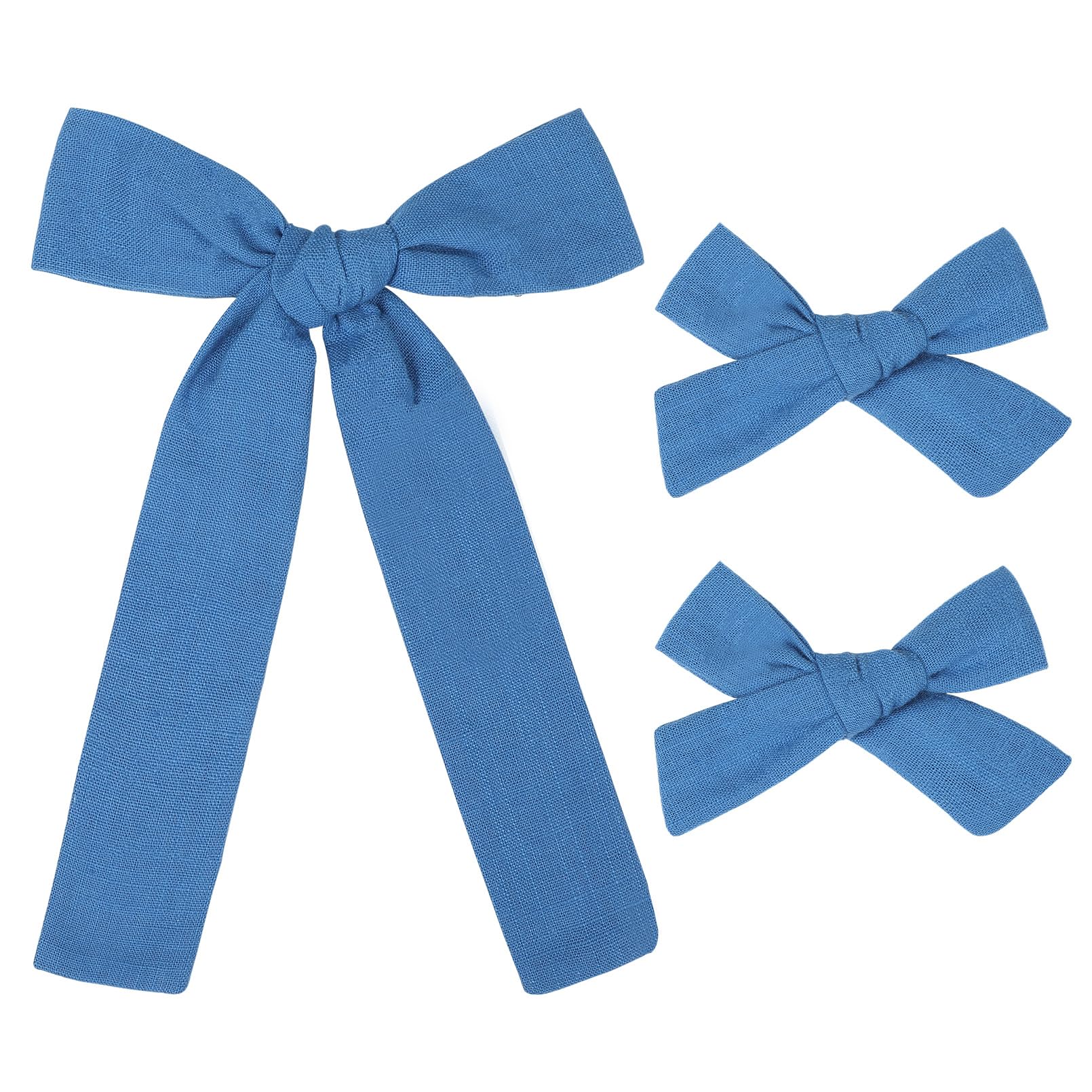 DEEKA Deep Blue Cotton Linen Hair Bows 2 Sizes 5"&3.5" Soft Hair Bow set for Toddler Girls Long Ponytail Knot Bows Alligator Clip Hair Accessories for