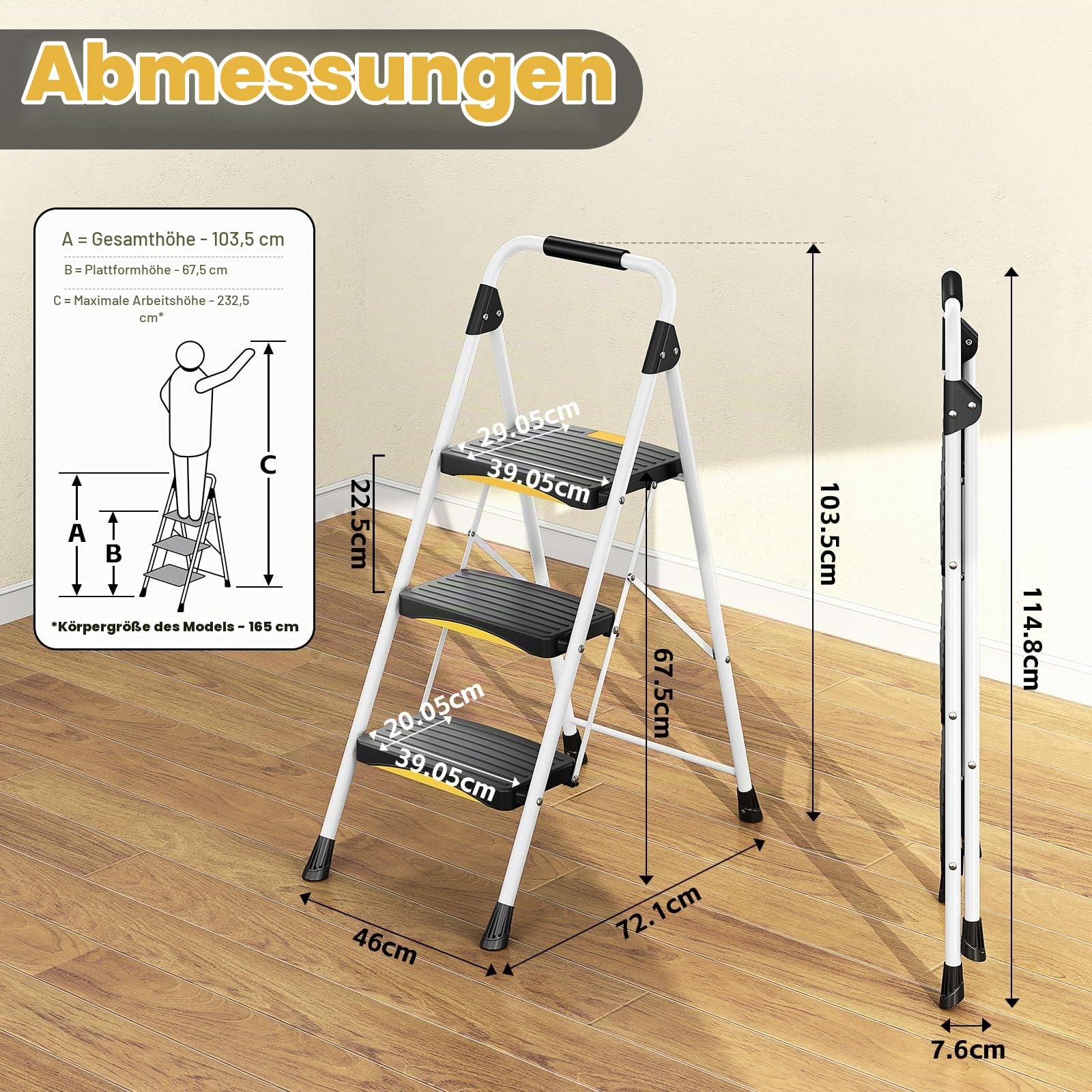 Urackify Trittleiter 3 Stufen Leiter Klappbar, Hochbelastbar bis 150kg, Sicherheitsschloss, rutschfeste breite Pedale, Handlauf, Kompakte Haushaltsleiter Stufenleiter für Haushalt, Küche, Büro, Weiß | Sicherheitsschloss, rutschfeste, breite Pedale, Handla