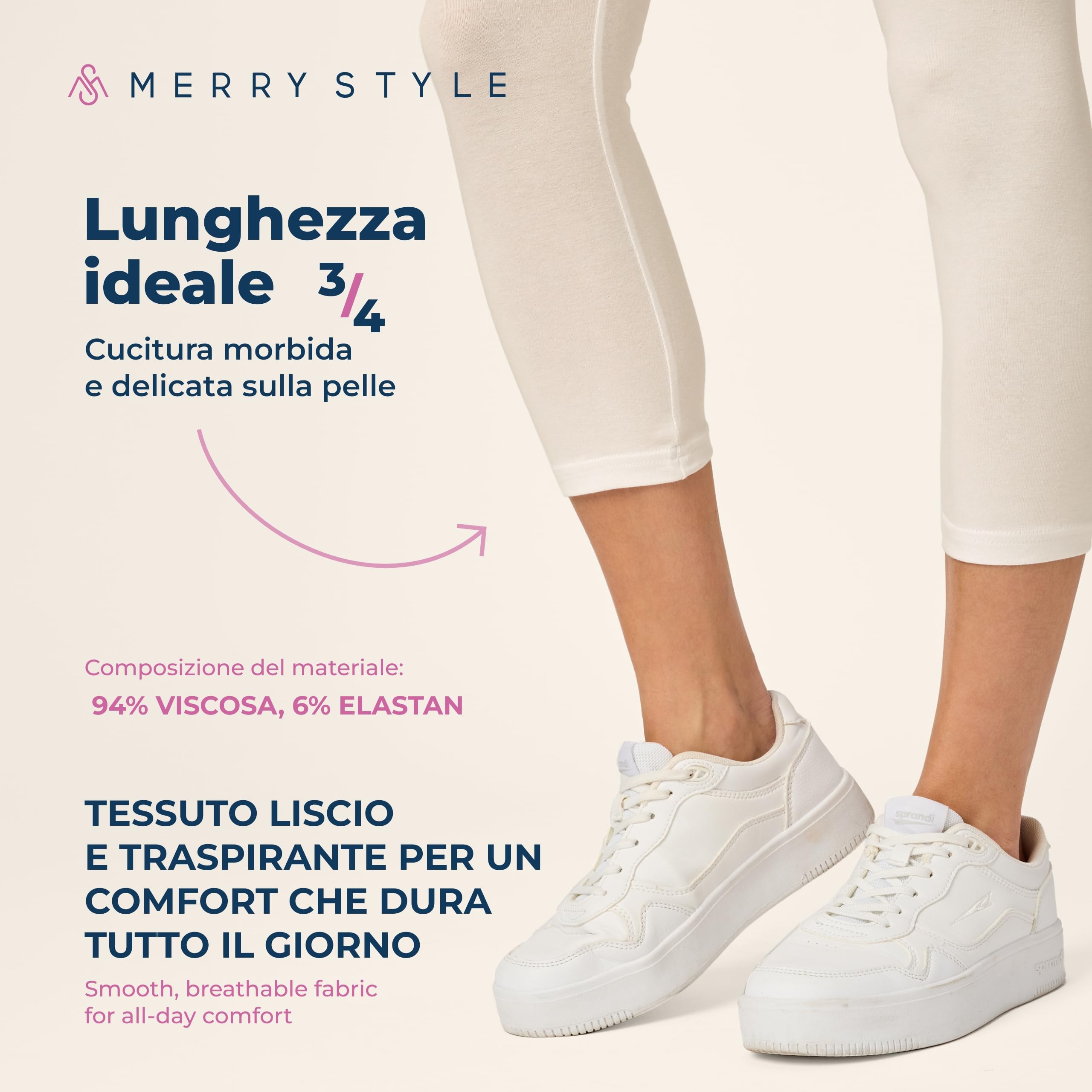 Merry Style Leggings Donna 3/4 Pantaloni Capri Morbidi e Confortevoli Leggins Donna in Cotone Traspirante Elastici e Delicati sulla Pelle Sensibile MS10-199