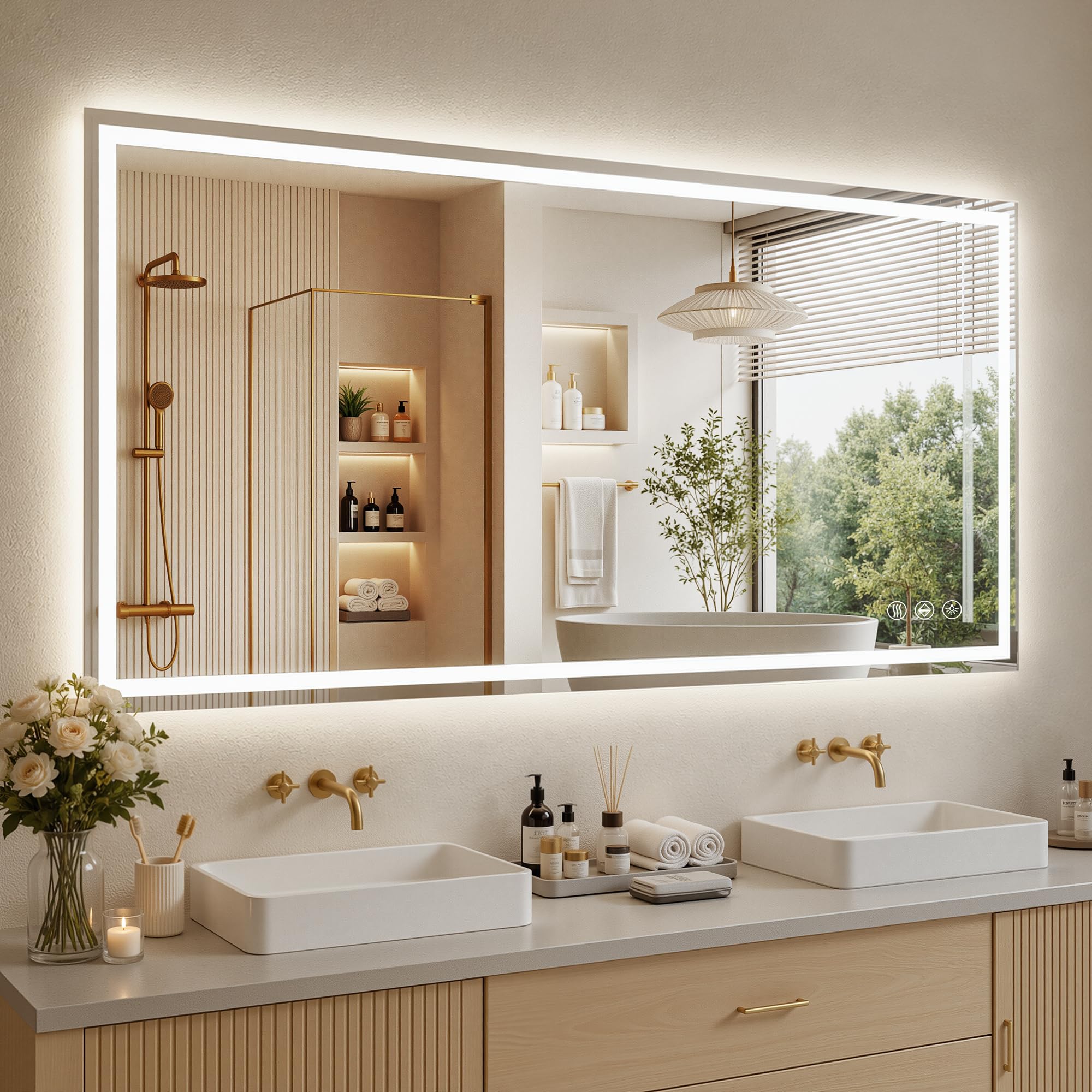 Photo 1 of Homsion LED Bathroom Mirror, 60"x28" with Frontlit and Backlit Anti-Fog Mirror with Lights LED Vanity Mirror for Bathroom 3 Colors Temperature & Dimmable Bathroom Mirror with HD Tempered Glass