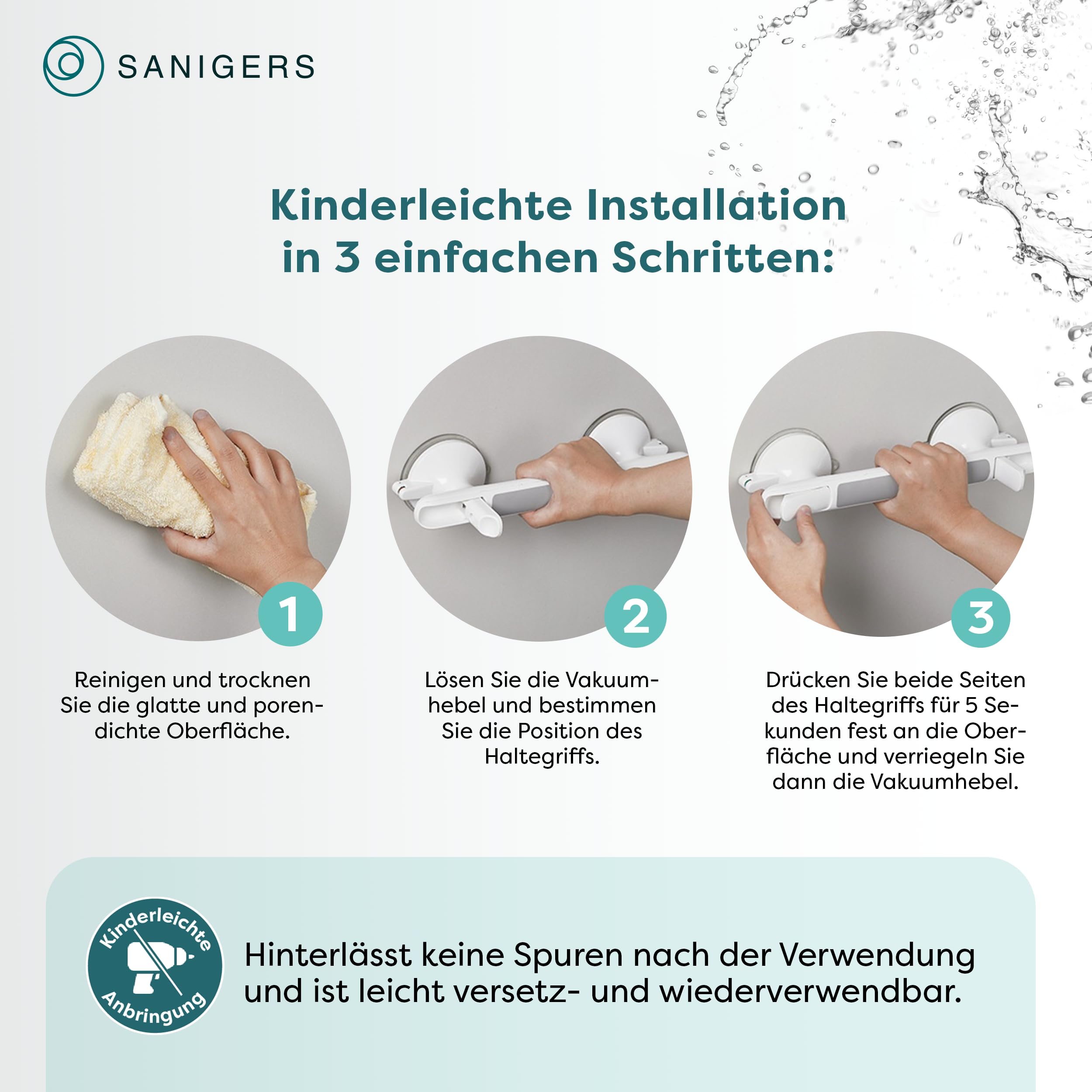 Haltegriff mit Saugnapf I EXTRA STARKER HALT 110 KG I 33 CM Haltegriff Dusche ohne Bohren, Haltegriffe für Senioren, Badewannengriff ohne Bohren, Duschgriff mit Saugnapf, Sauggriff Bad