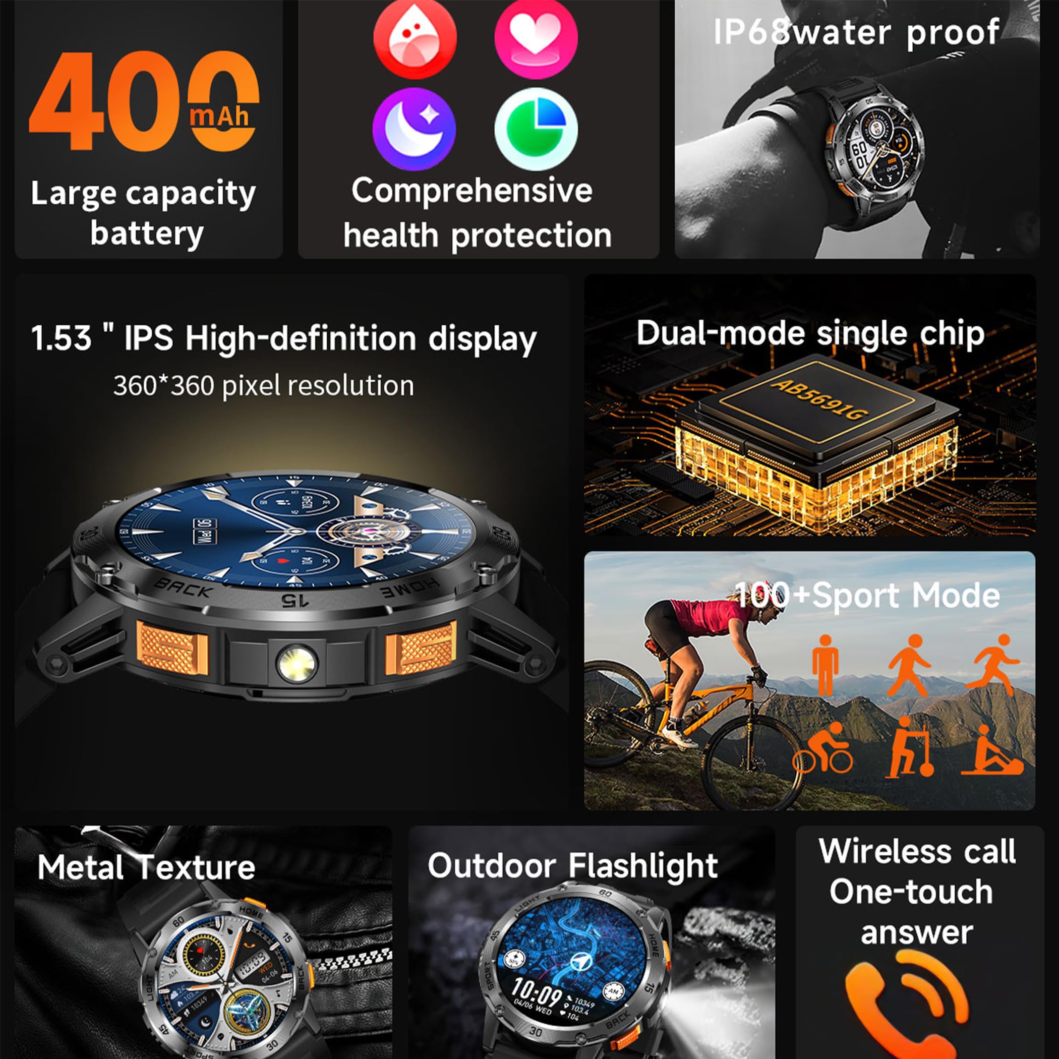 Reloj inteligente para hombre con llamadas Bluetooth, linterna, batería grande de 400mAh, 1,53" AMOLED 5ATM, reloj de fitness con SpO2, medición de presión arterial, frecuencia cardíaca, podómetro