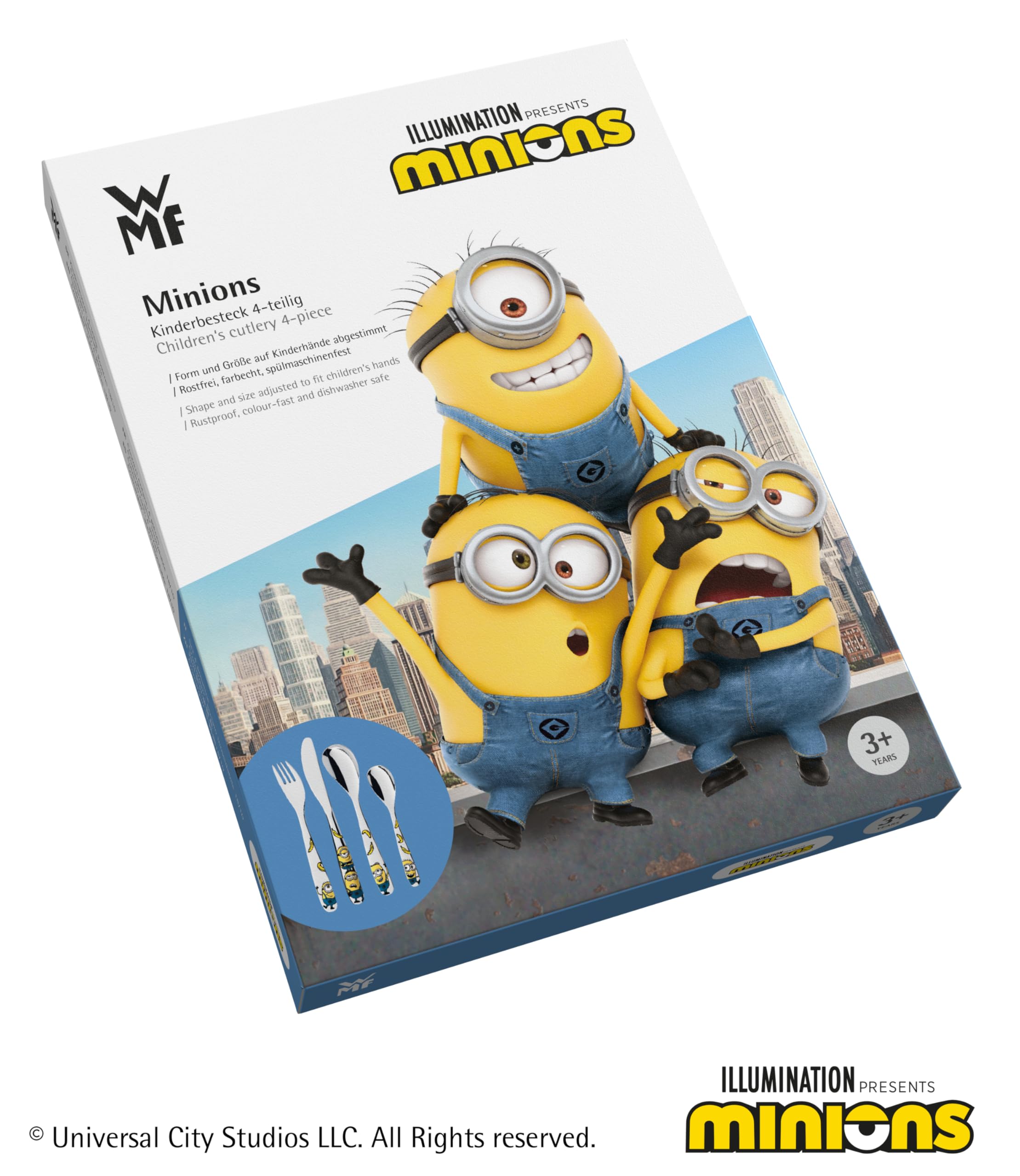Posate per bambini WMF Minions con incisione del nome - bellissimo set di posate per bambini - regali di battesimo personalizzati con incisione - idee regalo per bambine e bambini dai 3 anni, 4 pezzi