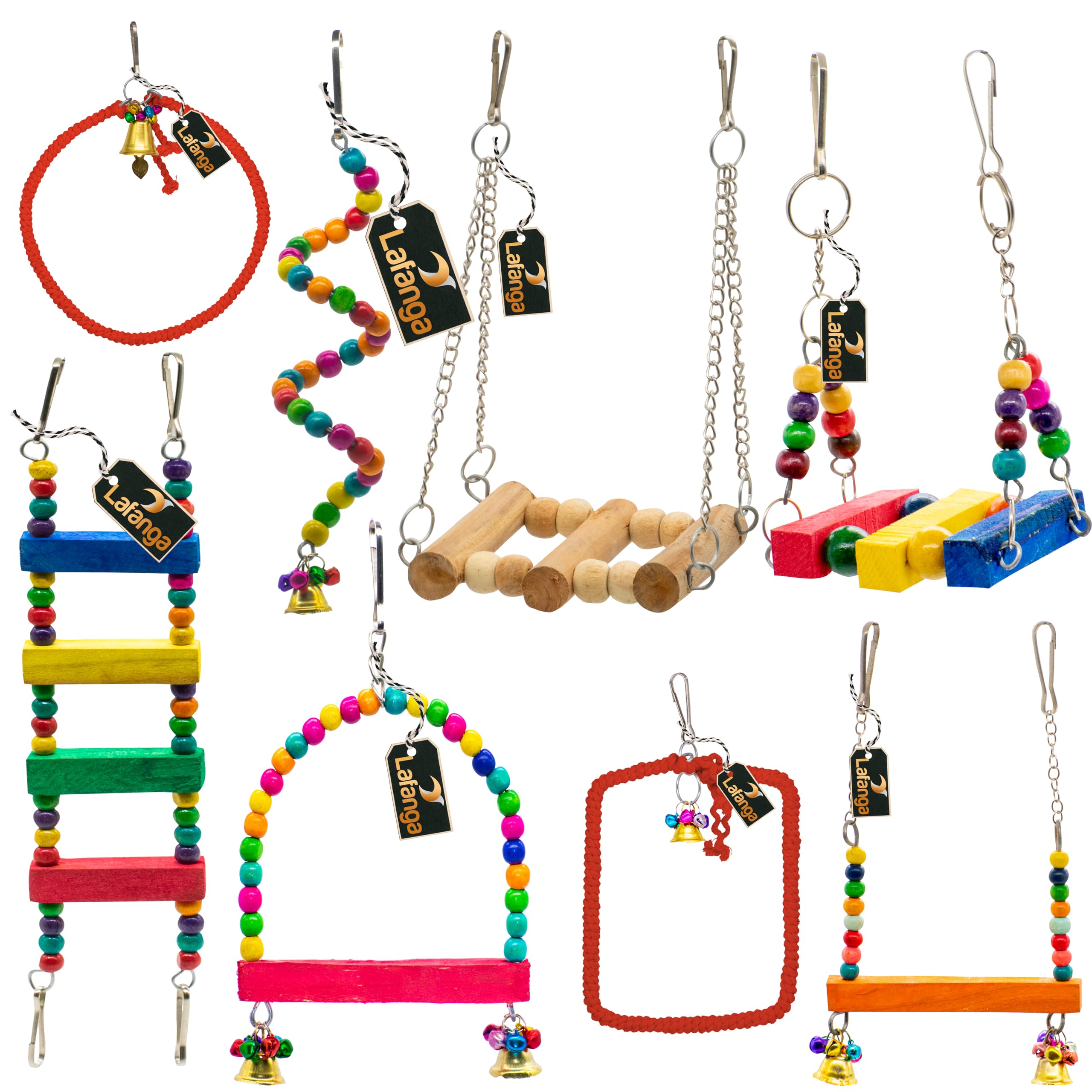LAFANGA Bundle of 8 Wooden Bird Toys, Rings, Swings, Perches Toys for Small and Medium Parrots & Birds, Budgies, Love Birds, Sun Conure, Cockatiel (B0CMQR23DY) Amazon Price History, Amazon Price Tracker