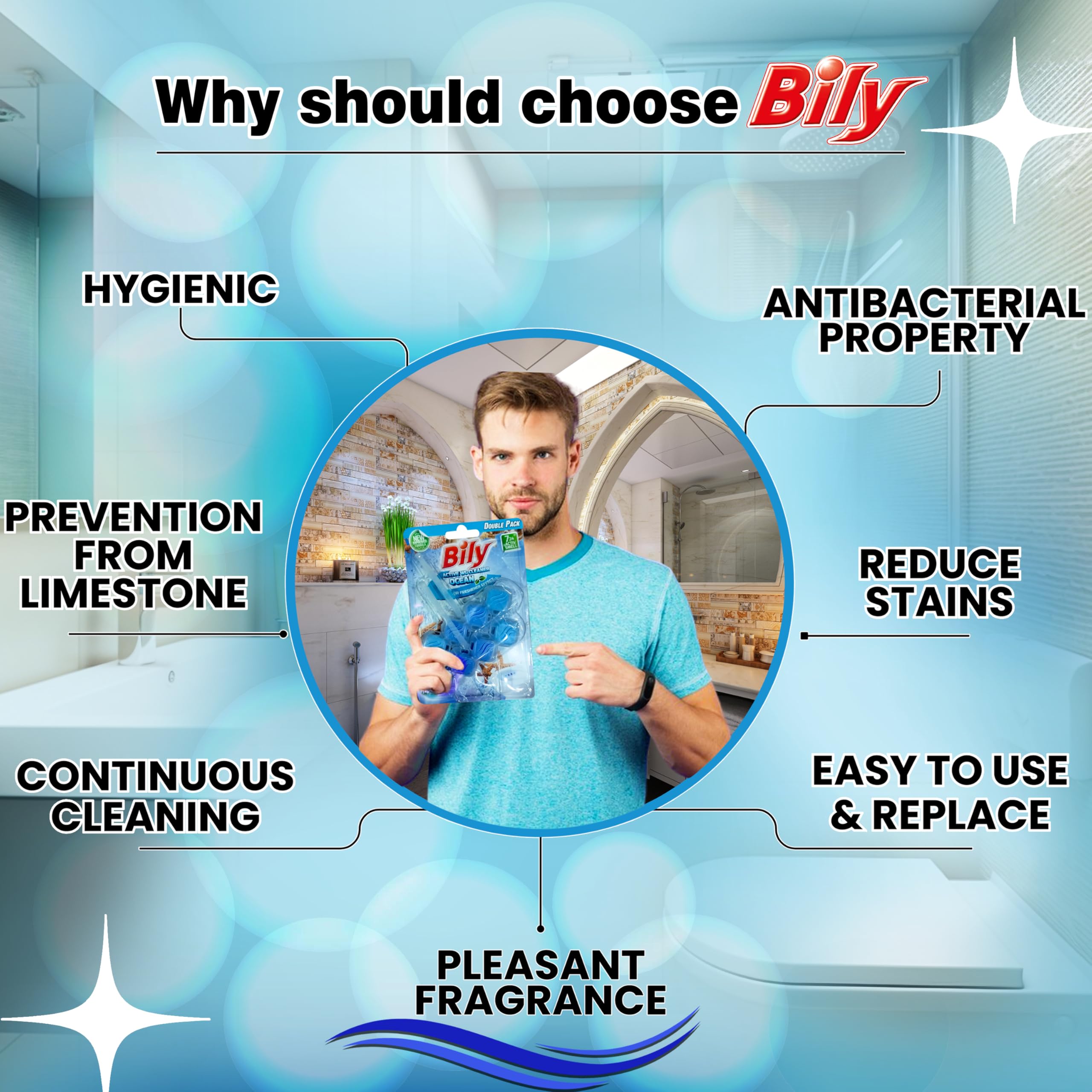 Bily Solid Toilet Rim Block Ocean | 2 * 50g Value Pack| Powerful Foaming and Cleaning|Prevents Limescale and dirt buildup | 24 * 7 Cleanlines and Freshness| 4 Function Formula| Product of Europe - Image 4 thumbnail