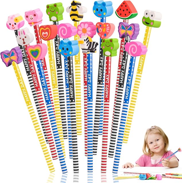 Cartoon Pencil Set, 30PCS Pencils with Rubbers on the End, Wooden Pencils with Eraser Toppers, Random Cartoon Animals Pencils for Kids Party Favours Party Bag Filler Birthday Christmas Gift