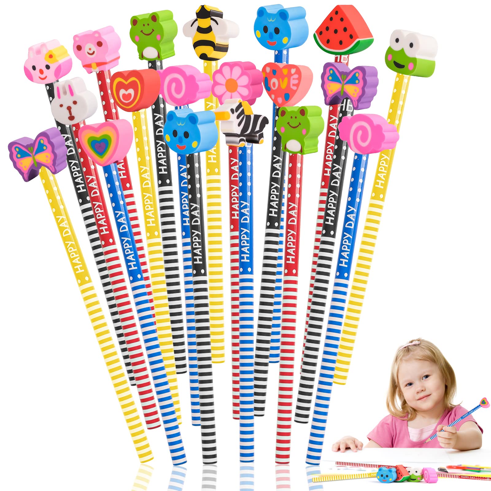 Cartoon Pencil Set, 30PCS Pencils with Rubbers on the End, Wooden Pencils with Eraser Toppers, Random Cartoon Animals Pencils for Kids Party Favours Party Bag Filler Birthday Gift