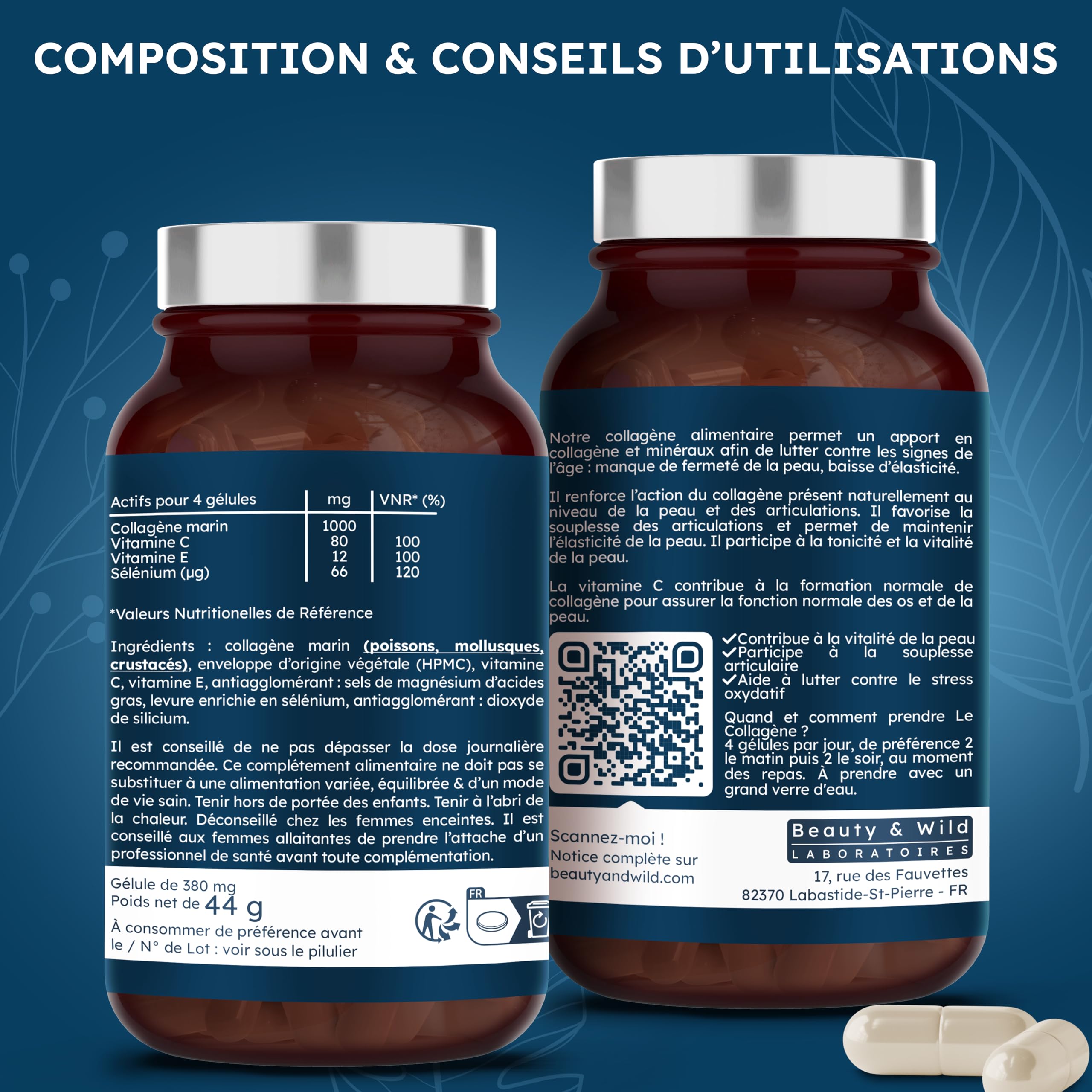Collagène Marin Hydrolysé Naticol® Type 1 & 3 | Peau Élastique, Lisse & Hydratée | Cheveux Forts & Brillants | Articulations, Anti-Âge, Anti-Rides, Vitamine C, E & Sélénium,120 Gélules