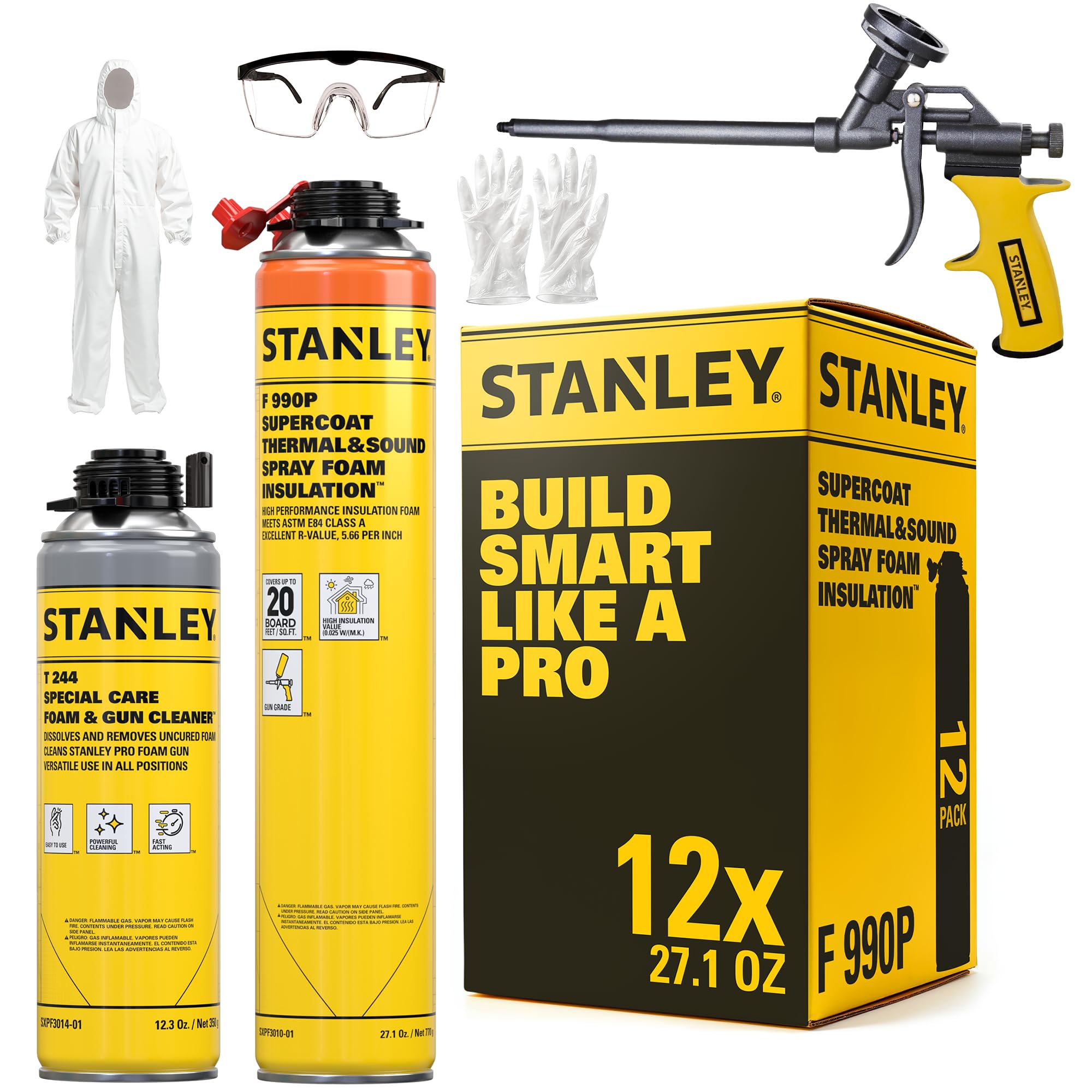 STANLEY F 990P Supercoat Spray Foam Insulation Kit - Closed Cell Spray Foam Covers Up to 240 Sq.Ft.,(11.32 / 2 inch R-Value) - Including Gun, Cleaner, Safety Items - 27.1 oz, 12 Pack