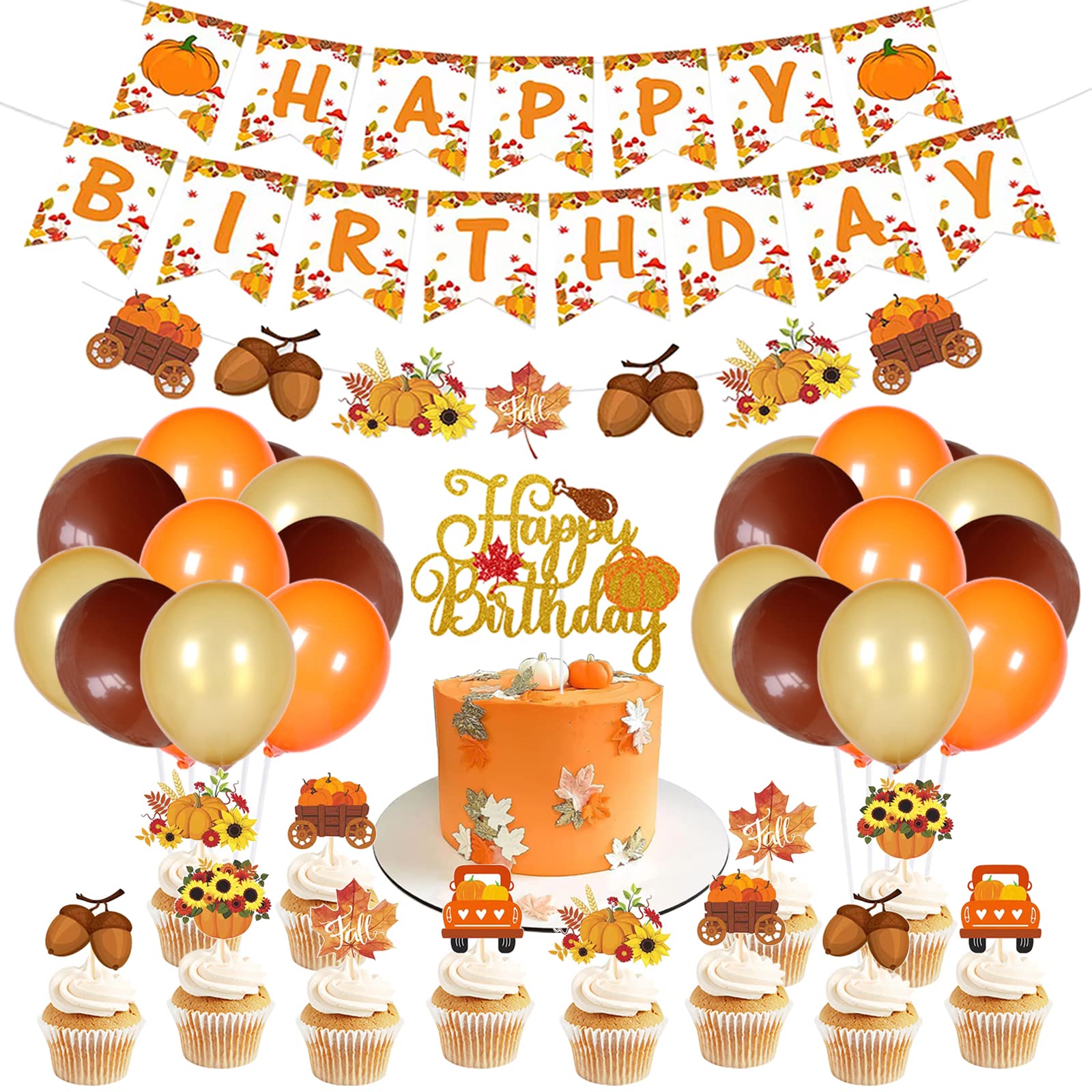 Pumpkin Party Decorations Kit Happy Birthday Pumpkin Banner Autumn Cake Topper Latex Balloon for Fall Birthday Baby Shower Thanksgiving