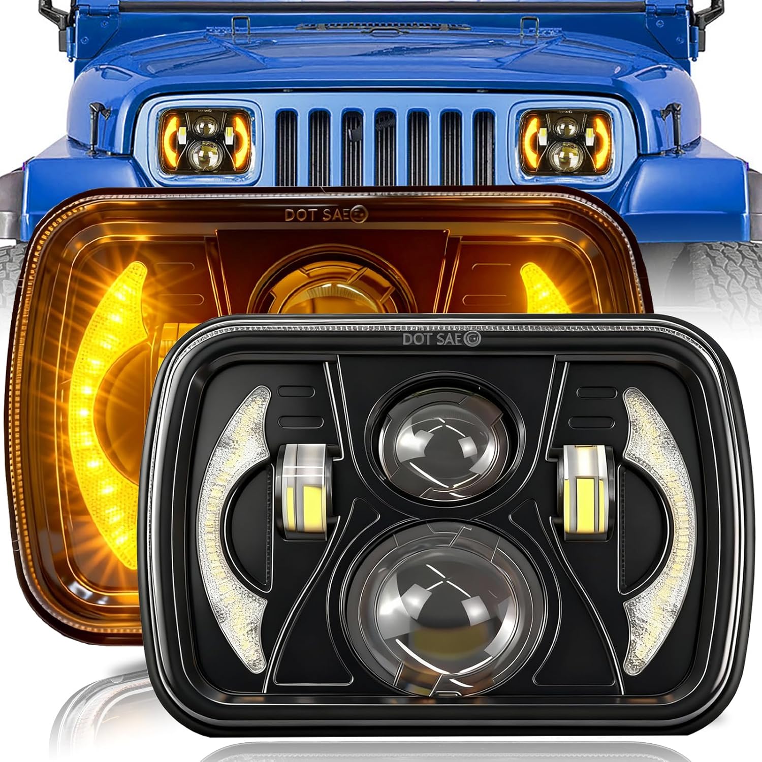 HILLSKING 5x7 LED Headlight & H6054 LED Headlights: 7 Inch LED Headlight for Truck, Chevy Express, Jeep YJ XJ, 2B1 | Dual Color White/Amber, DRL & Turn Signal | Plug and Play