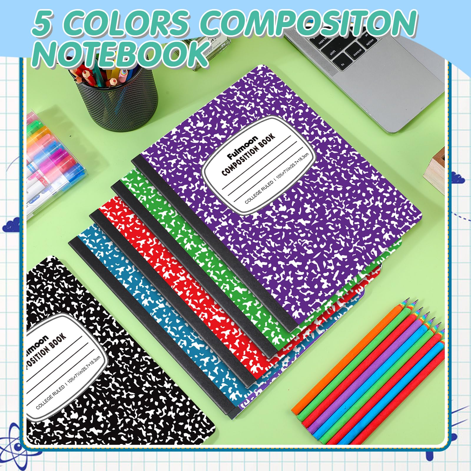 Fulmoon Quaderni di composizione, 24,8 x 19,1 cm, 60 fogli per comp, nero, viola, blu, rosso, verde, con marmo, per scuola, bambini, casa, ufficio (100 pezzi, a righe college, spaziatura 9/32 pollici)