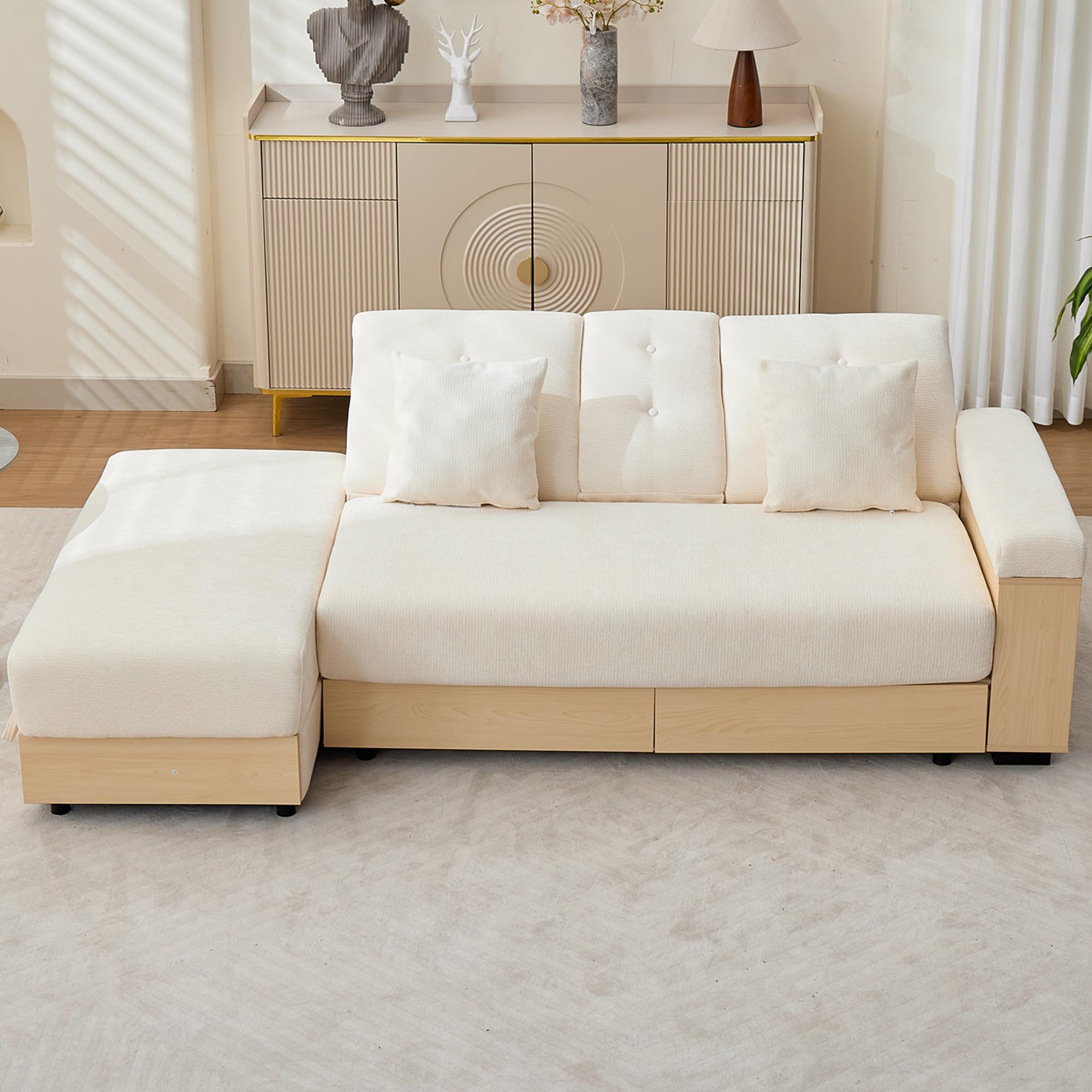 Canapé d'angle 217 cm avec Rangement, Dossier Réglable 3 Positions, Canapé Convertible en Chenille avec Tiroirs, Porte-Gobelets et Pouf de Rangement, Structure MDF pour Salon (Beige)