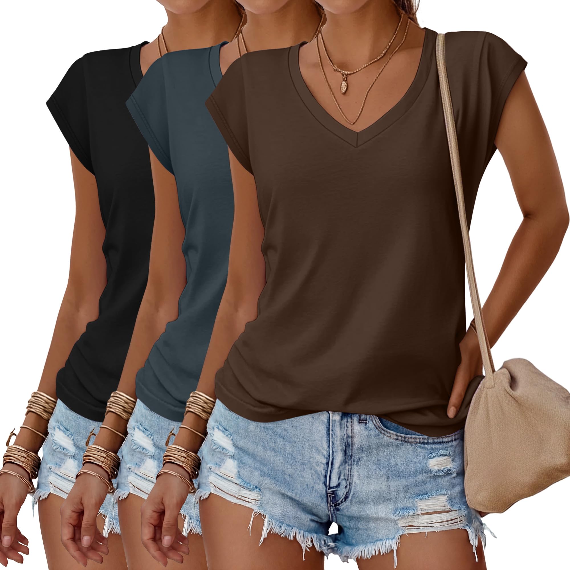 Huukeay 3 Pack Women’s V Neck T Shirts, Cap Sleeve Summer Casual Tops Loose Fit Short Sleeve Tees Basic Trendy Shirts