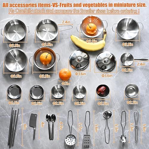 Miniatura 12 de Juego de juguetes de cocina de tamaño mini para niños, accesorios con utensilios de cocina de acero inoxidable, juego de ollas y sartenes de acero
