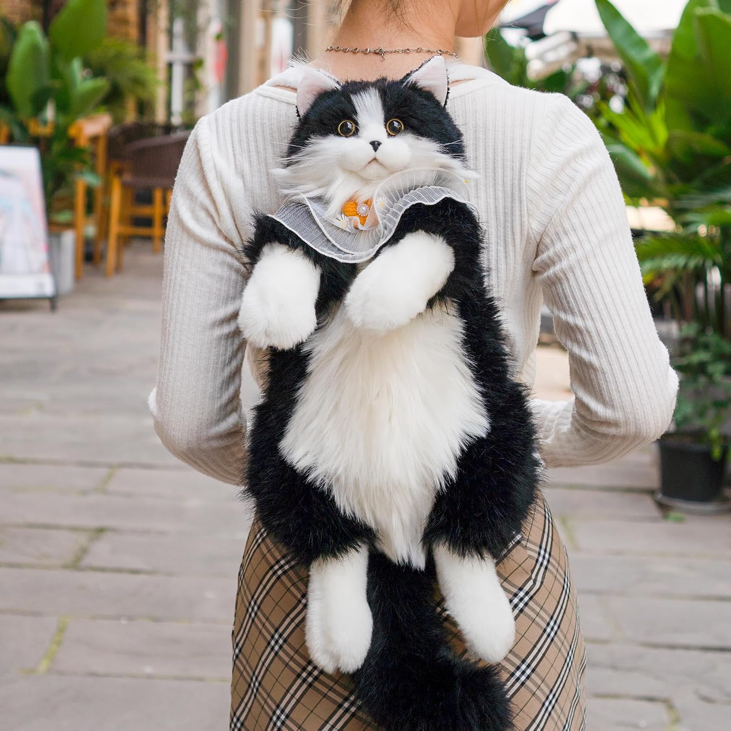 Chongker Plush Cat Lifelike Bag - Handmade Realistic Cat Backpack Cute Cat Rucksack, Adjustable Shoulder Strap, Lightweight Cat Shape Handbag for