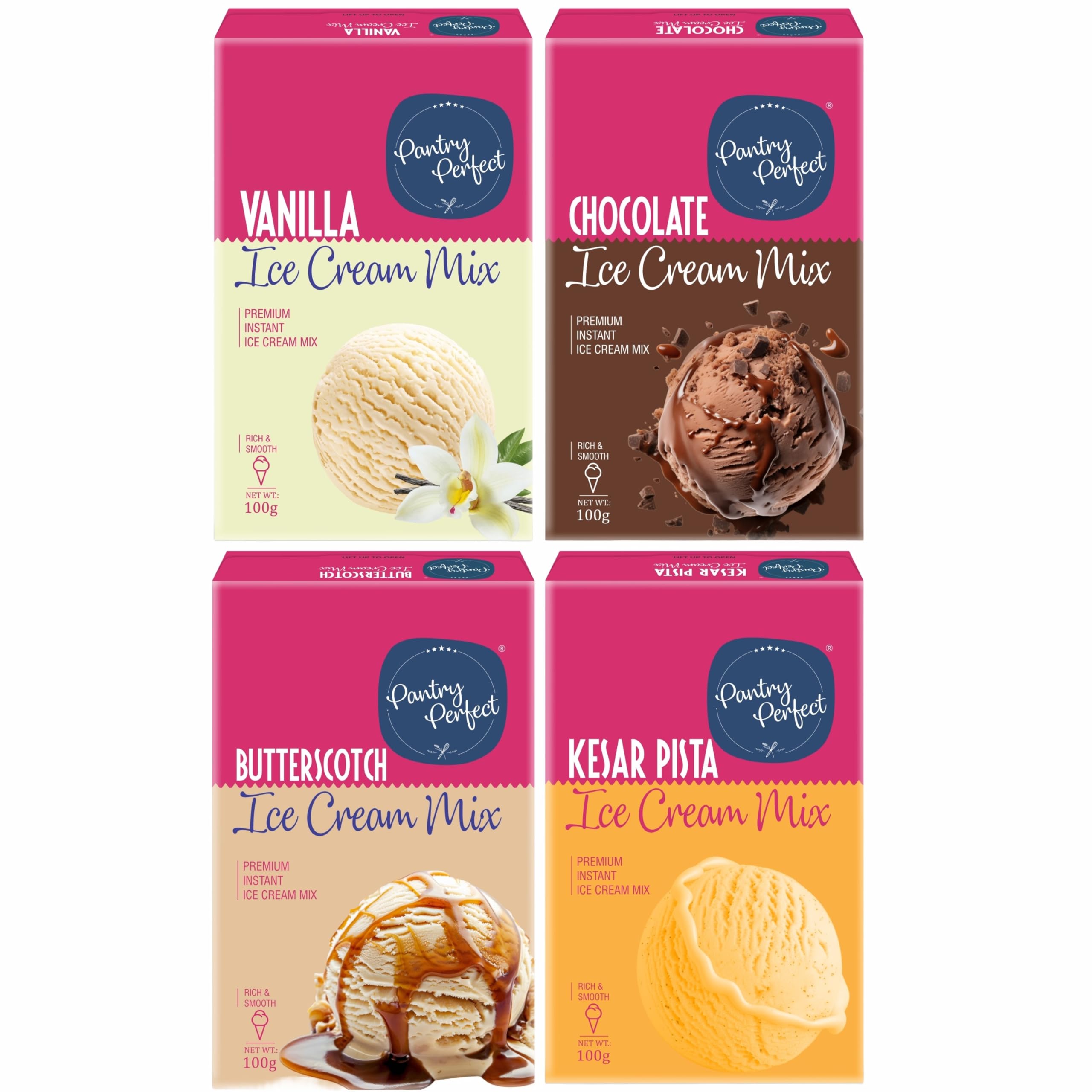 Pantry Perfect Vanilla, Chocolate, Butterscotch & Kesar Pista Ice Cream Mix - Pack of 4 (Each 100g) I Quick, Easy and Delicious Summer Treat Ready Mix, No Preservatives, No Hassle I Rich & Smooth I Easy to Prepare-image-32