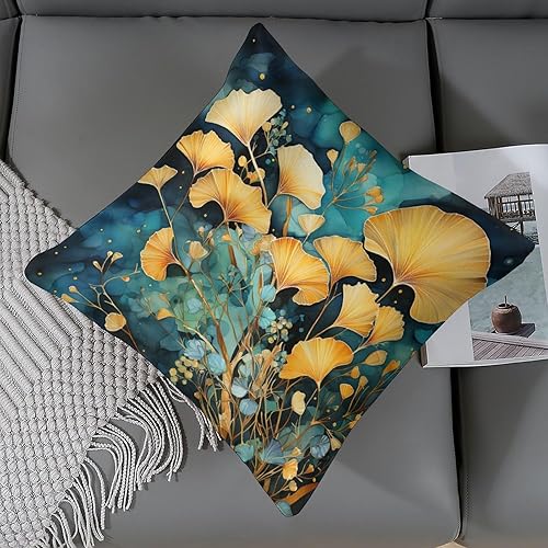 Miniatura 6 de Fundas de almohada decorativas de 18 x 18 pulgadas, diseño de hojas de ginko en acuarela en oro y turquesa, fundas de cojín modernas de satén verde