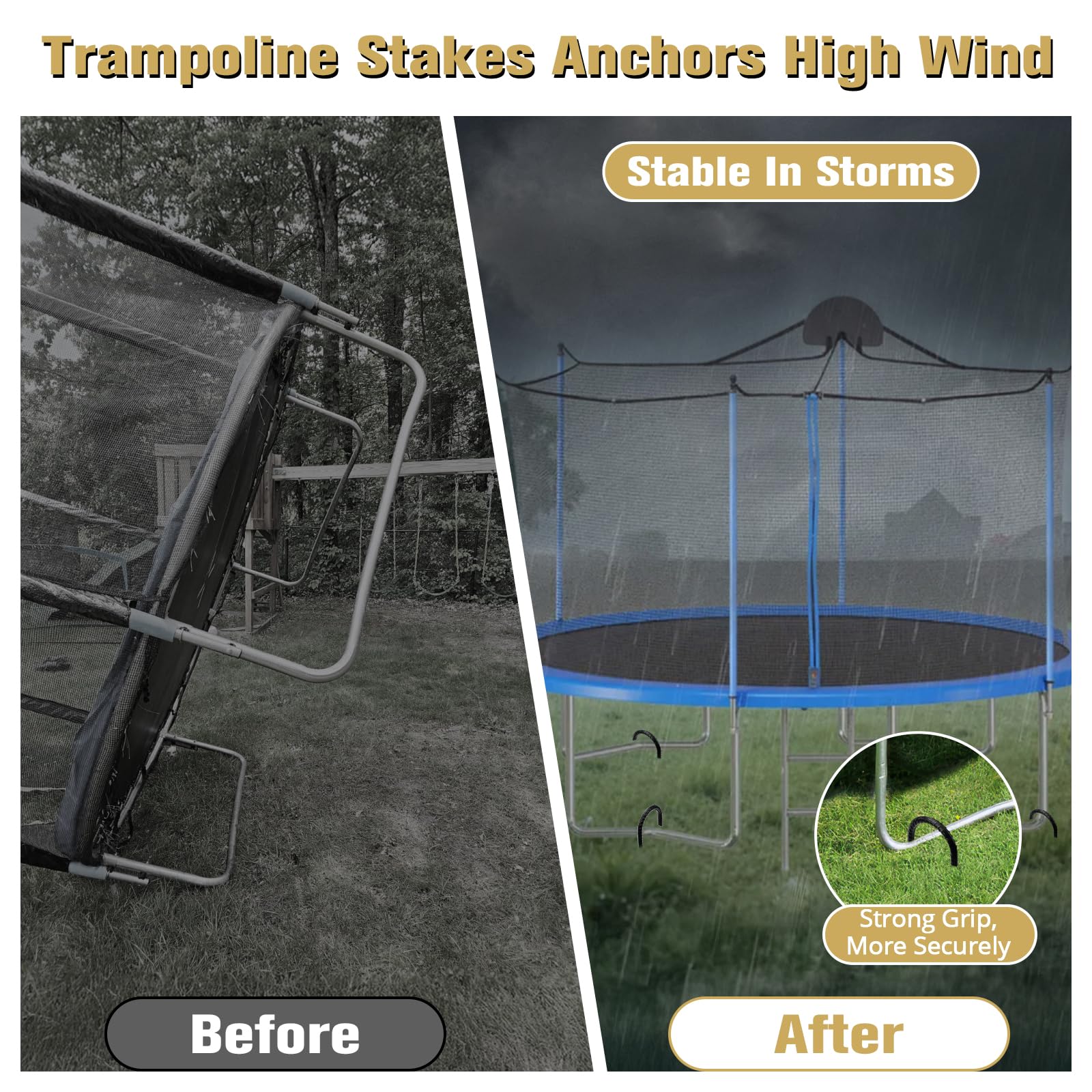 Condition photo showing Brand New for 8 pack trampoline stakes high wind - heavy duty 12 inch u shaped ground anchors - galvanized steel rebar stakes for outdoor camping tent fence garden decorations