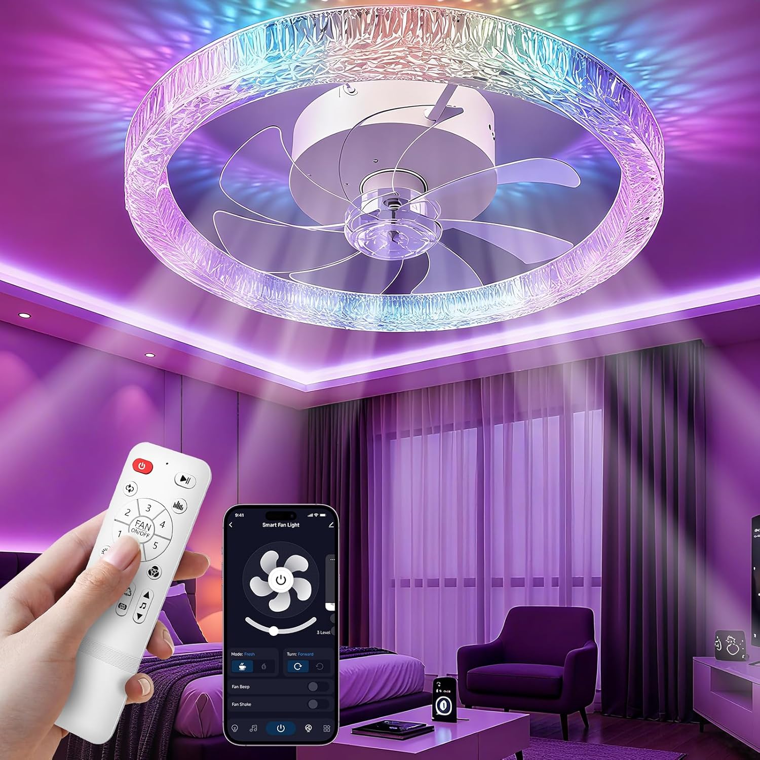 Ceiling Fans with Lights and Remote, 20″ RGB Ceiling Fan with Voice/APP Control, 2 in 1 RGB+CCT Dimmable Flush Mount Smart Bluetooth Abanico De Techo for Bedroom, Kids Room and Living Room