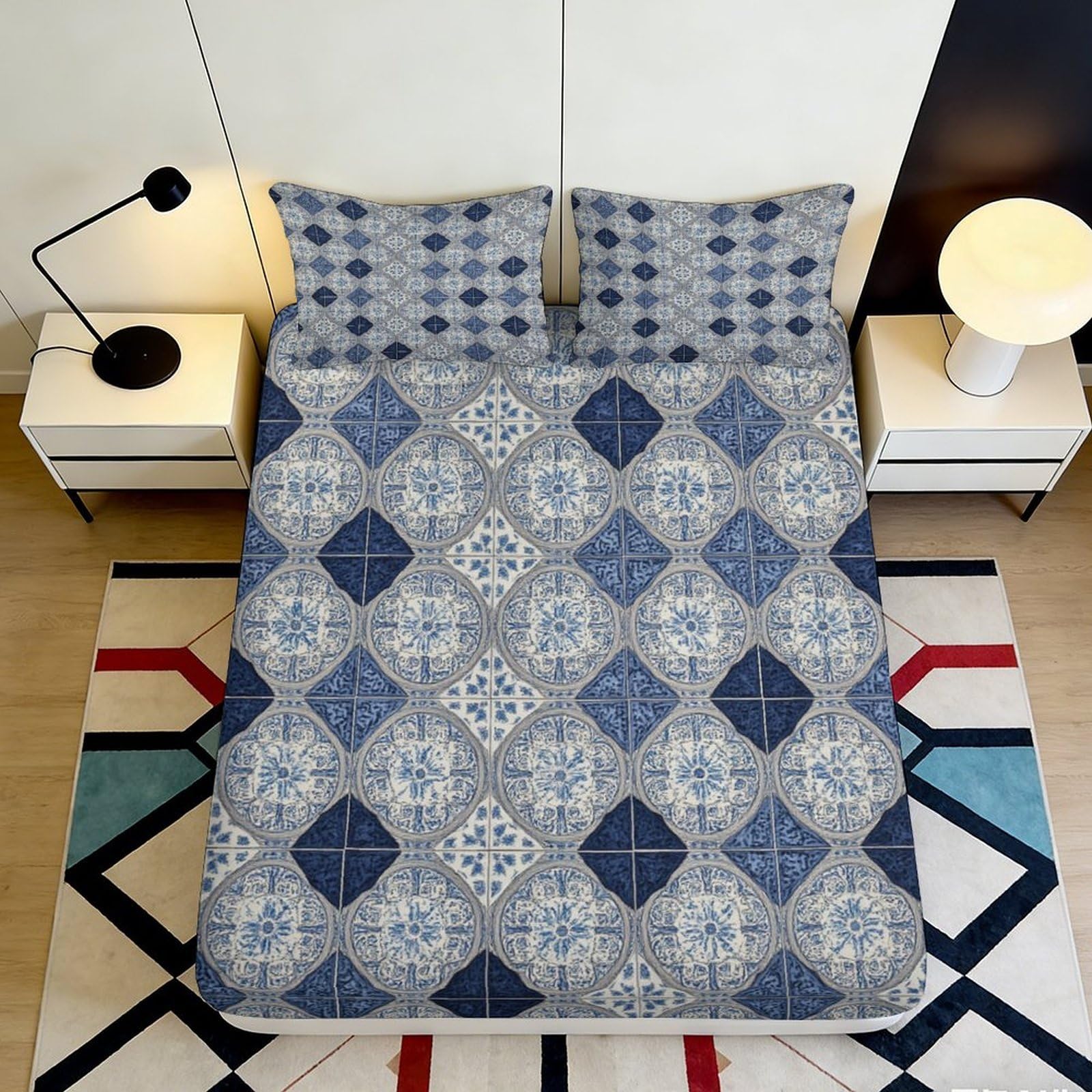 3D Printed Nordic Blue Geometric Fitted Sheet Microfiber Soft Modern Mosaic Mattress Cover for Bedroom Guestroom Decor 90x200x25cm