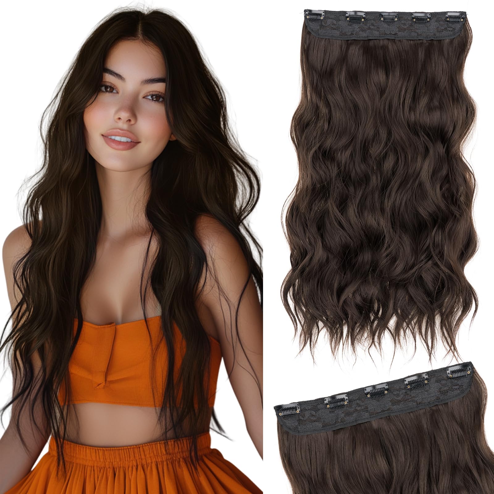 Silk-co One Piece Clip In Hair Extensions Curly 180g Hairpieces 5 Clips Wavy Curly Synthetic 3/4 Half Full Head for Laides and Women 24 Inch(60 cm) Chocolate Brown