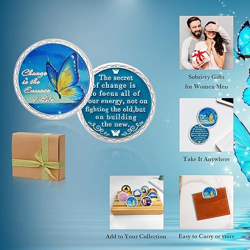 Miniatura 7 de Moneda de sobriedad de mariposa, el cambio es la esencia de la vida Medallón de recuperación AA, chip de sobriedad inspirador para mujeres y