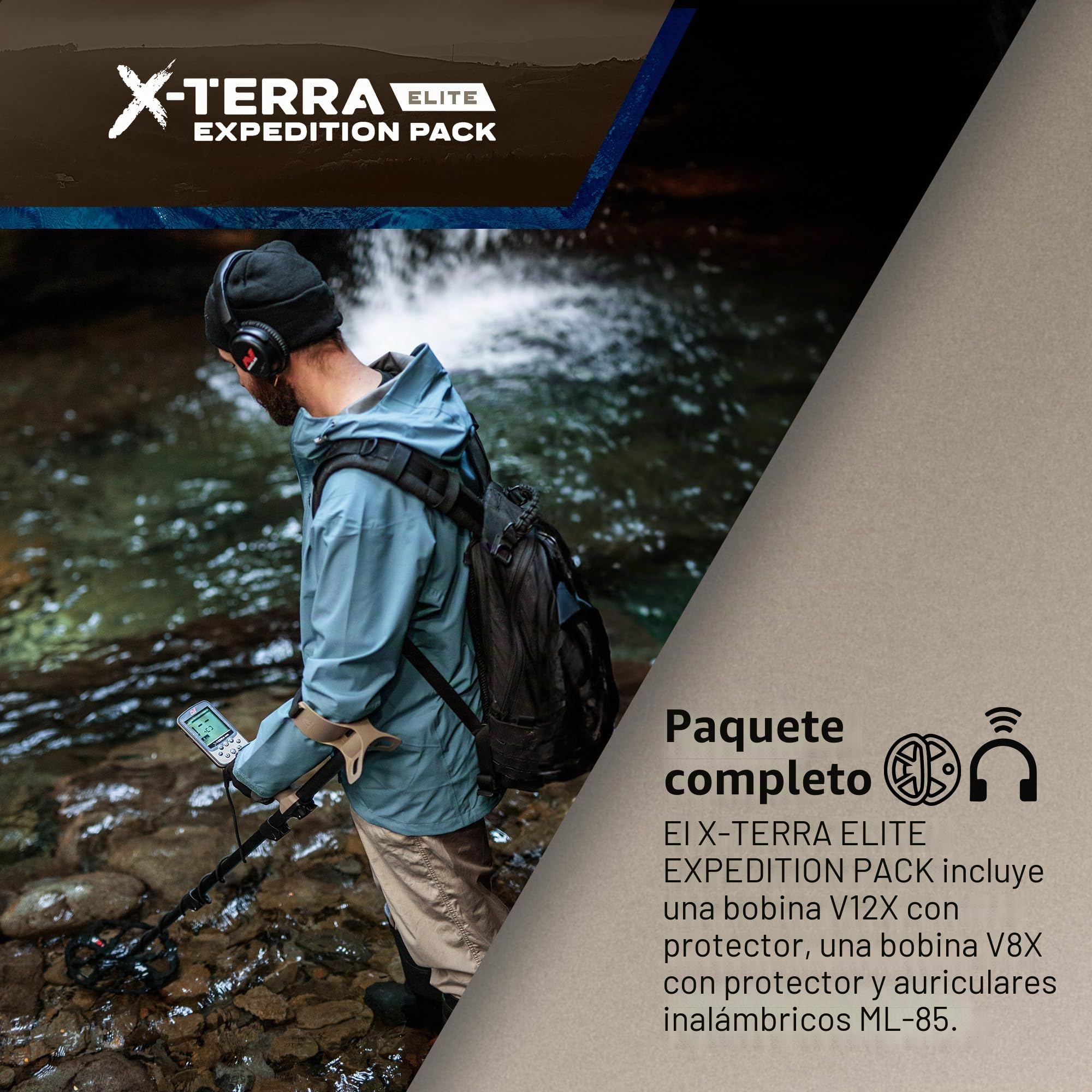 MINELAB X-Terra Elite Expedition Bundle, impermeable, All Terrain Treasure Metal Detector, Multi-IQ Precision Targeting, Incluido V8X Coil, V12X Coil, ML85 auriculares, cable de carga y bolsa para el