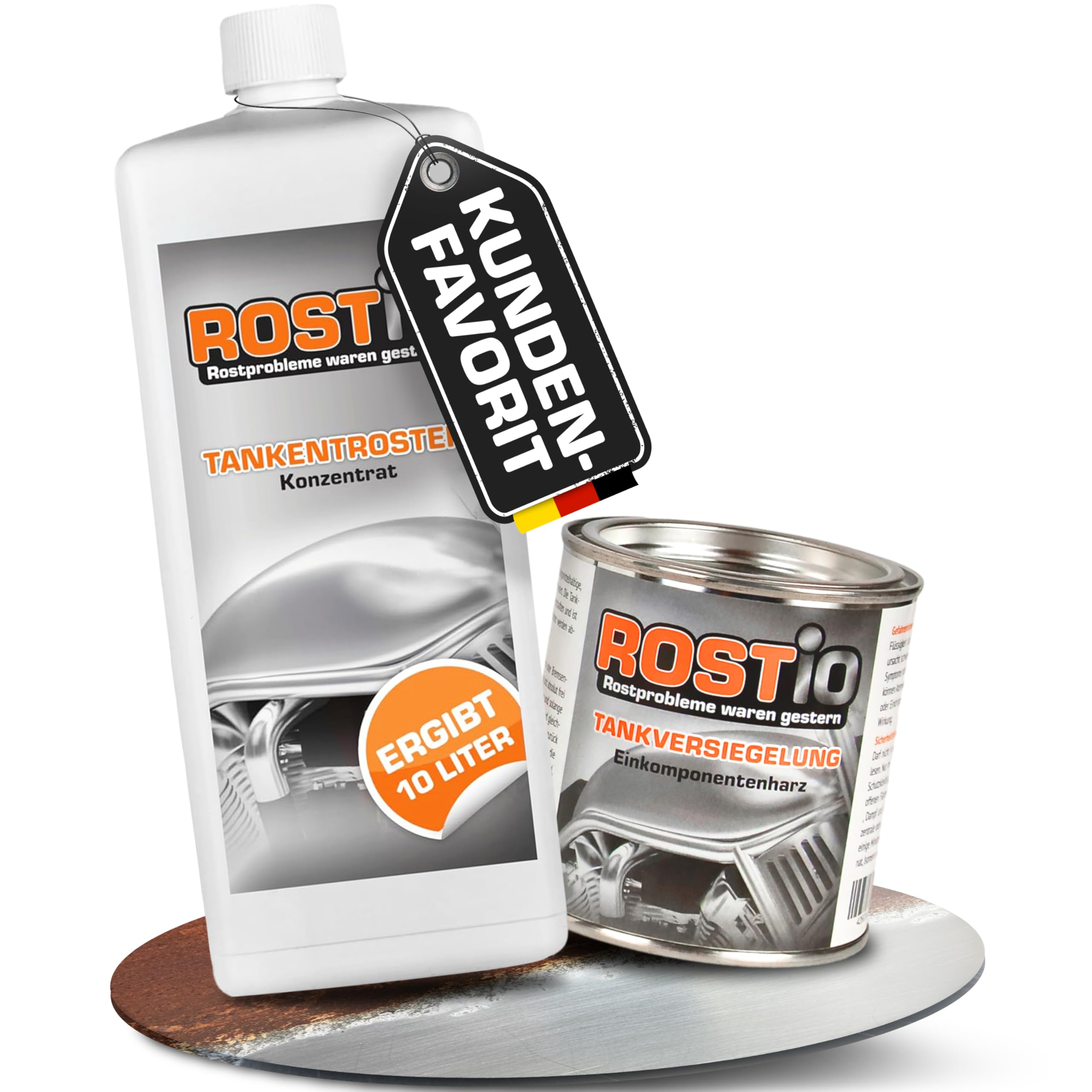 Rostio Tankentroster-Set 1L – inkl. 250ml Tankversiegelung – hochergiebig (1:10) – für Tanks bis 10L – Rostentferner & Korrosionsschutz – ethanolfest & flexibel – Set zur Tanksanierung