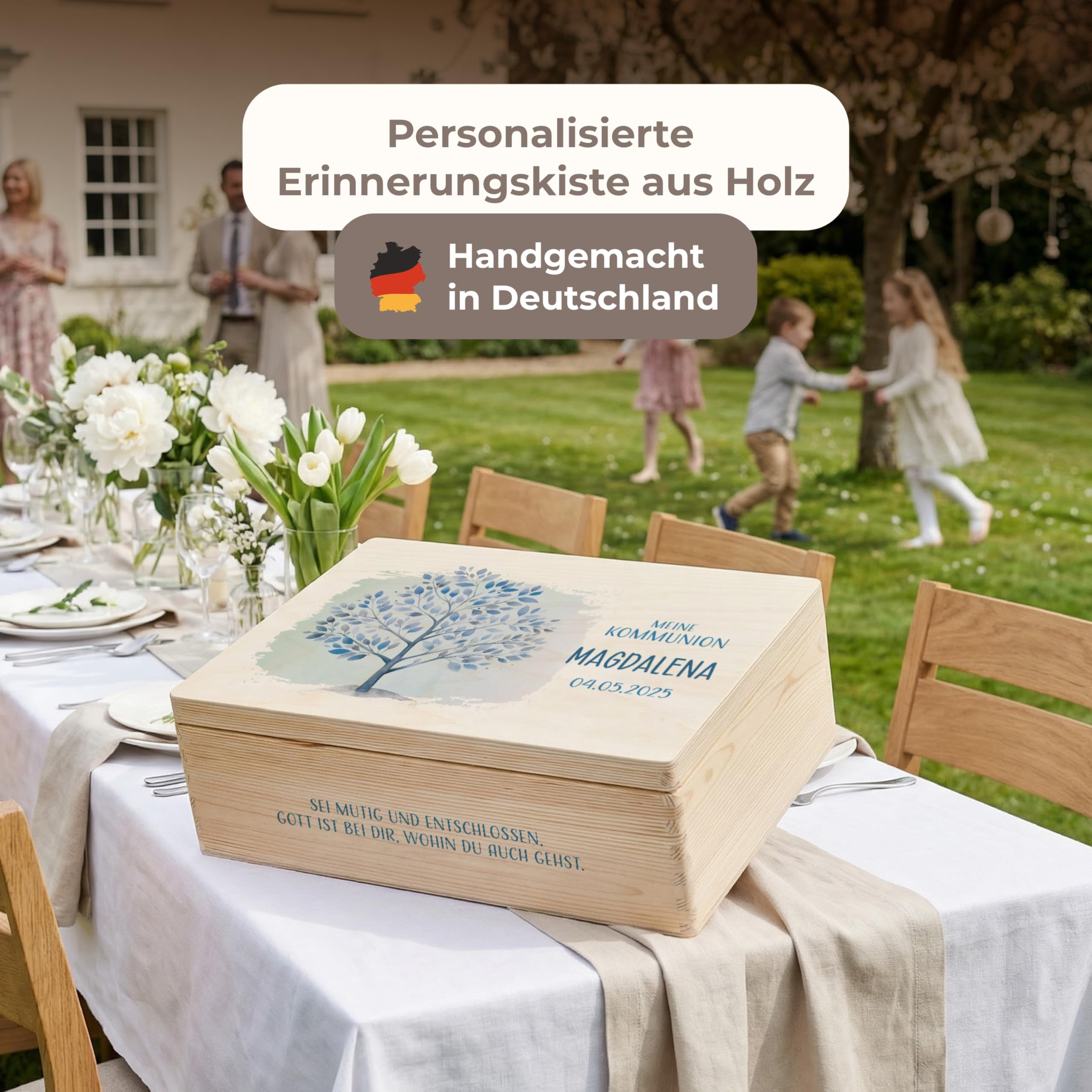 Amari® Personalisierte Holzkiste (Baum des Lebens) | Erinnerungsbox aus Holz zur Taufe, Kommunion, Konfirmation, Firmung, Ostern | Geschenk für Mädchen & Jungen