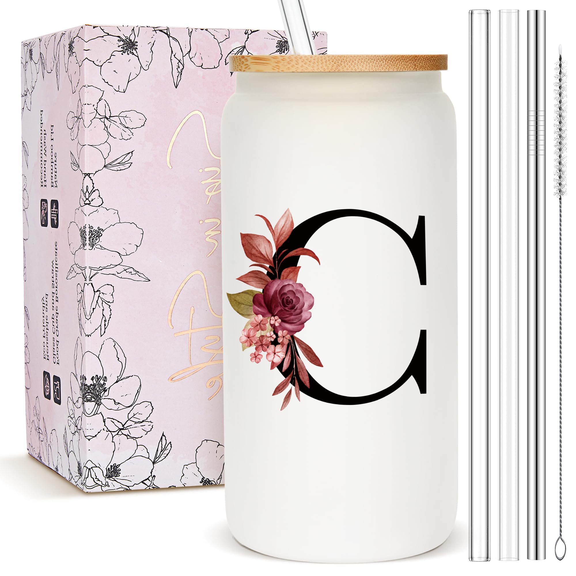 Personalized Gifts for Women, Monogrammed Frosted Glass Tumbler with Straw and Lid, Cute Customized Mug, Custom Initial Iced Coffee Glasses, Customizable Drinking Cup, Birthday Teacher Woman, C