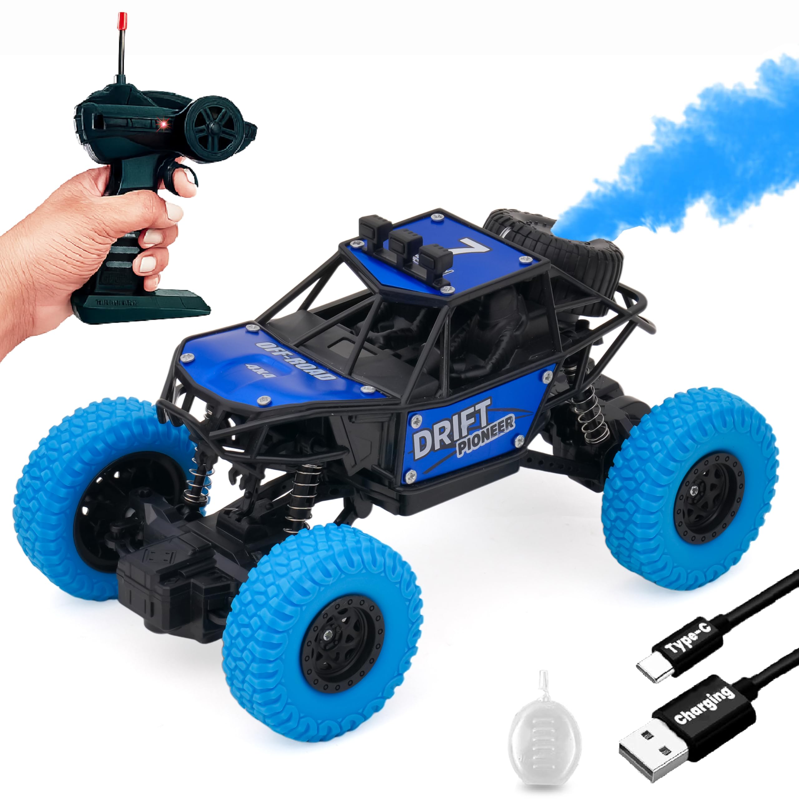 Gooyo GY-45 Rechargeable Remote Control Rock Crawler Car with Smoke | Monster Truck with Spray for Kids | RC Car 4x4 Off-Road Big Car Toy | High Speed | Blue Color | in-Built Battery | Gift Box Pack