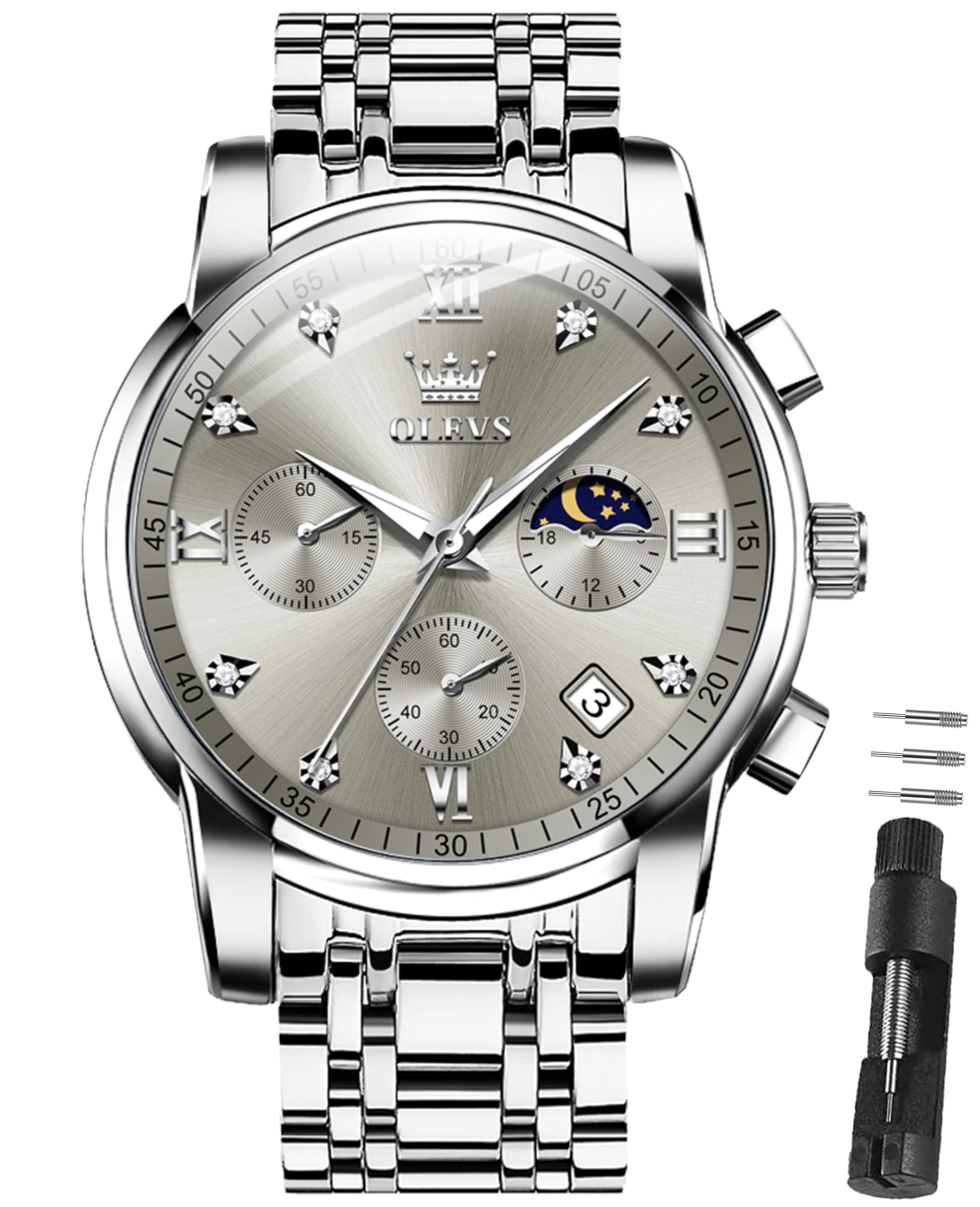 OLEVS Armbanduhr Herren Quarz Luxus Edelstahl Business Herrenuhr Chronograph 3Bar Wasserdicht Uhren Herren 42mm Zifferblatt mit Mondphase Datum Leuchtzeiger klassisch schlicht Geschenk für Männer