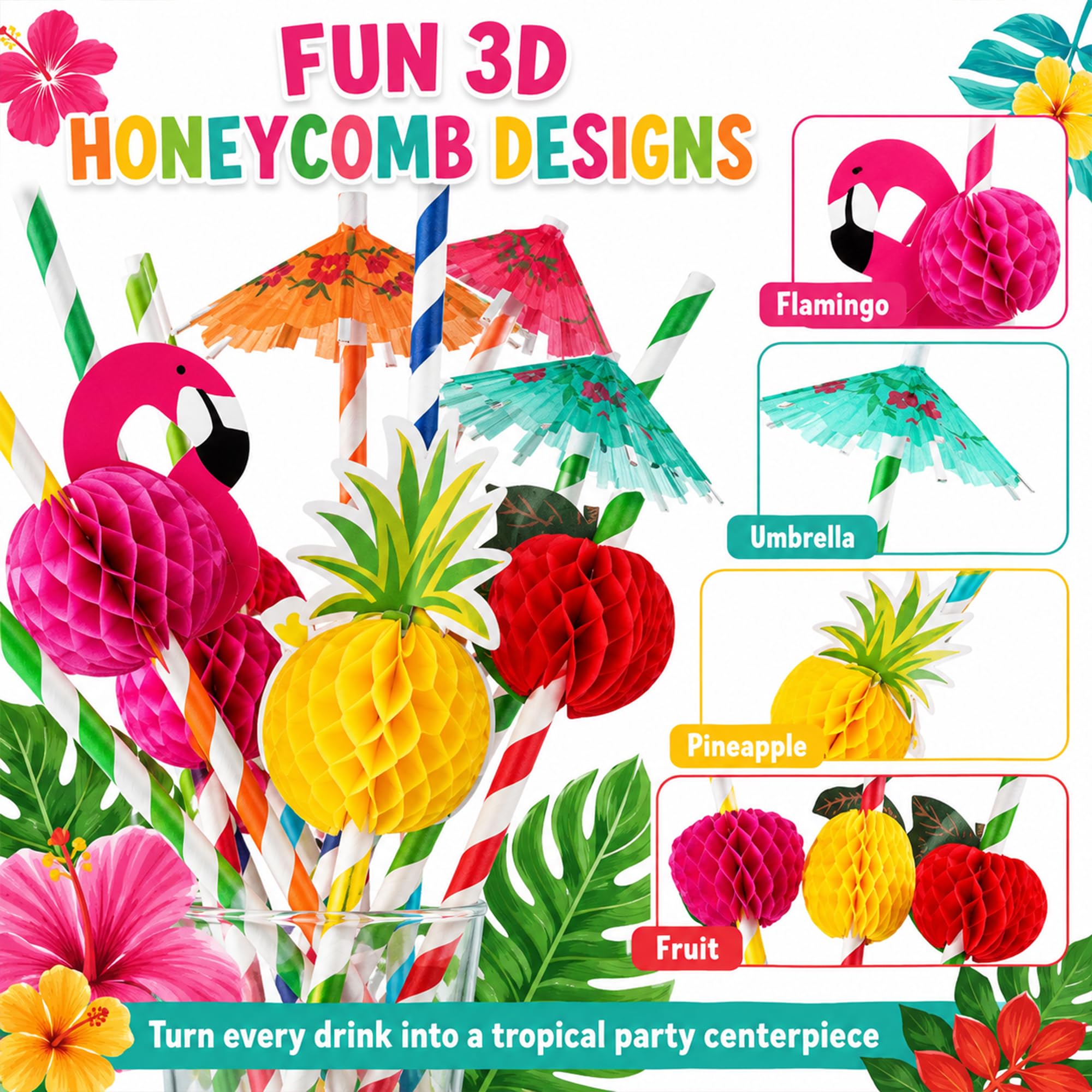 Haundry 100 pajitas de cóctel Luau para fiesta, paraguas de bebida, pajillas de papel de frutas y flamencos para decoración de fiesta hawaiana de verano tropical