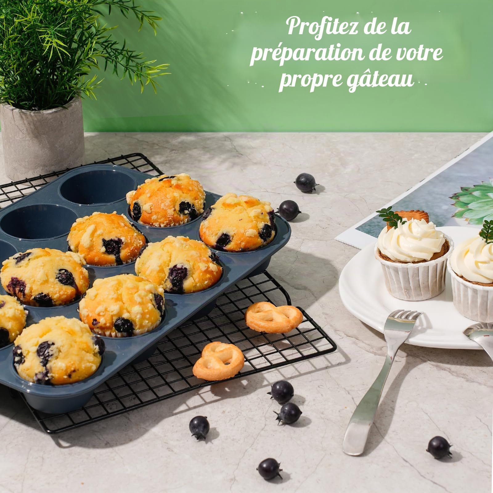 Moule à Muffins en Silicone Anti-adhésif 33 x 25 x 3 cm Gris Plaque Pâtisserie Cupcakes Brownies Pudding