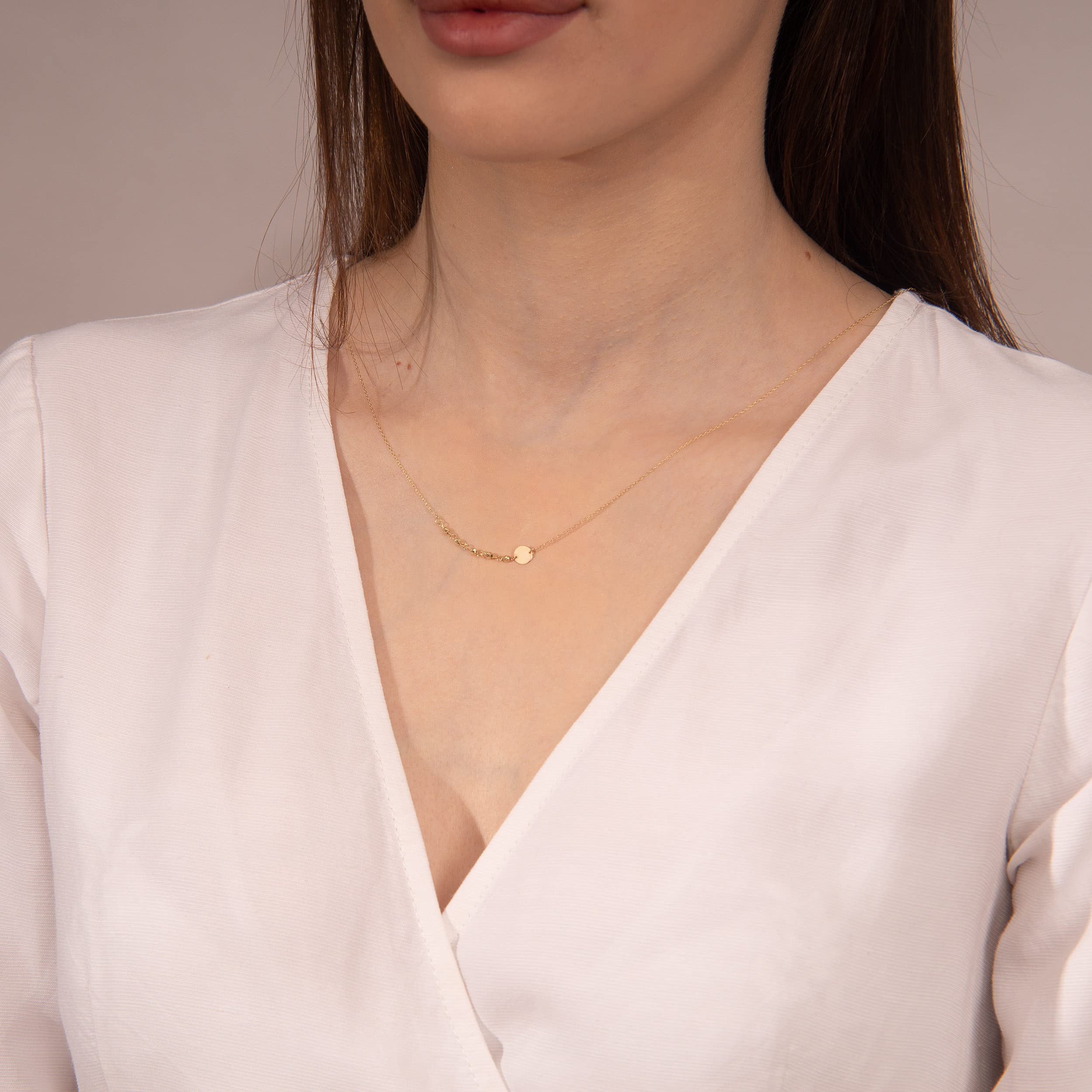 Collar de Oro Amarillo 585 de 14 Quilates para Mujer, Cadena con Colgante Personalizado de Círculo, Bola de Circonita, Grabado
