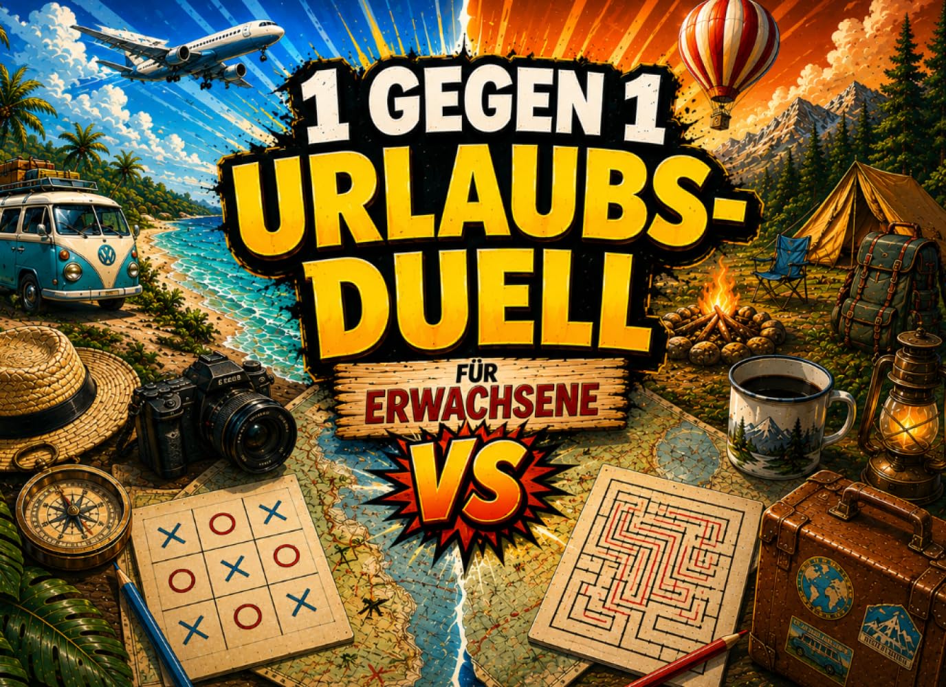 1 gegen 1 Urlaubs-Duell für Erwachsene: Spaßige Reisespiele mit Stift & Papier für 2 Spieler, Paare & Familien | Perfekt für unterwegs, lange Autofahrten und Camping.