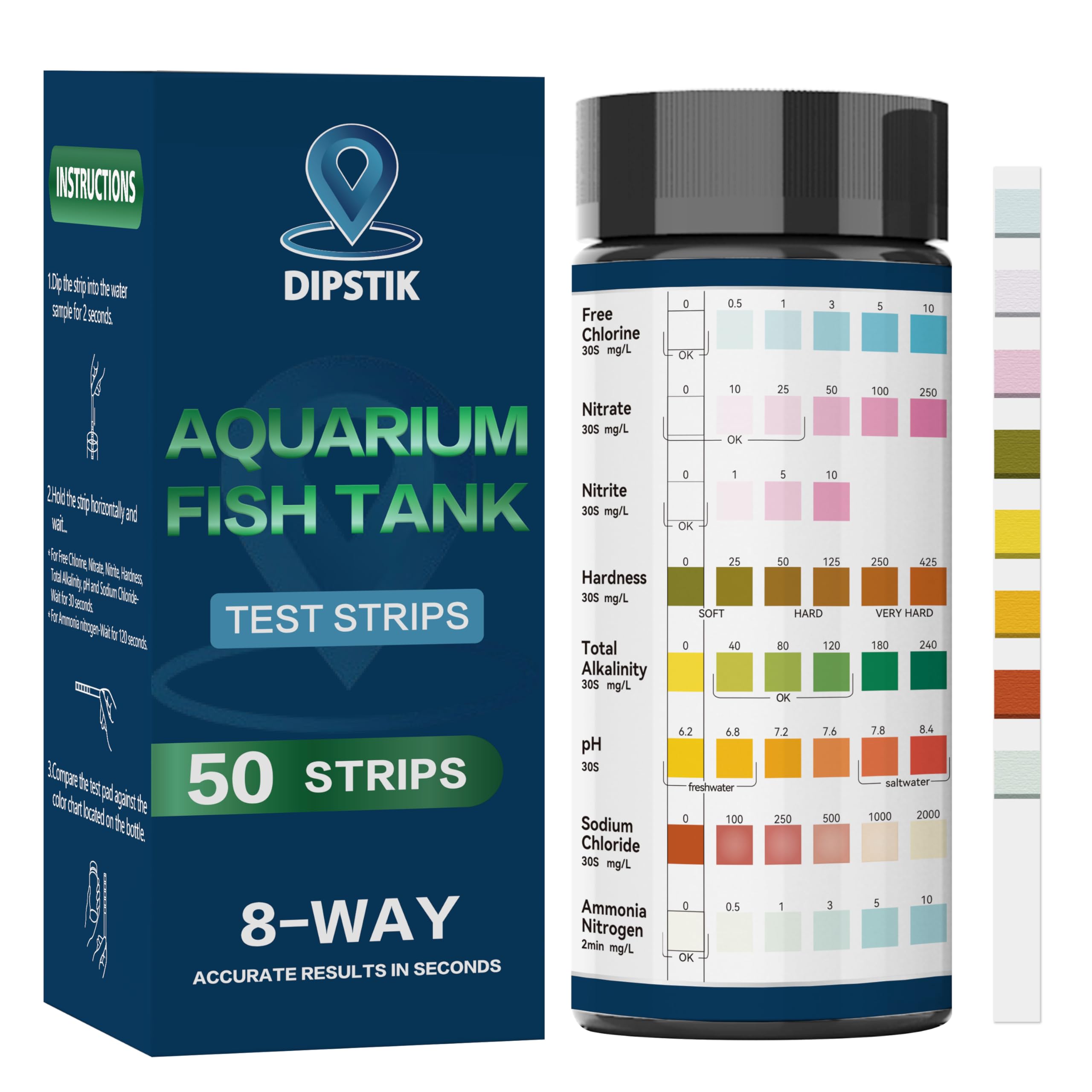 Aquarium-Ammoniak-Teststreifen, 8-fach-Aquarium-Testkit für Süß- und Salzwasser, 50 für Aquarien und Teiche, für Nitrat, Nitrit, Chlor, Härte, Alkalität, Karbonat, pH-Wert