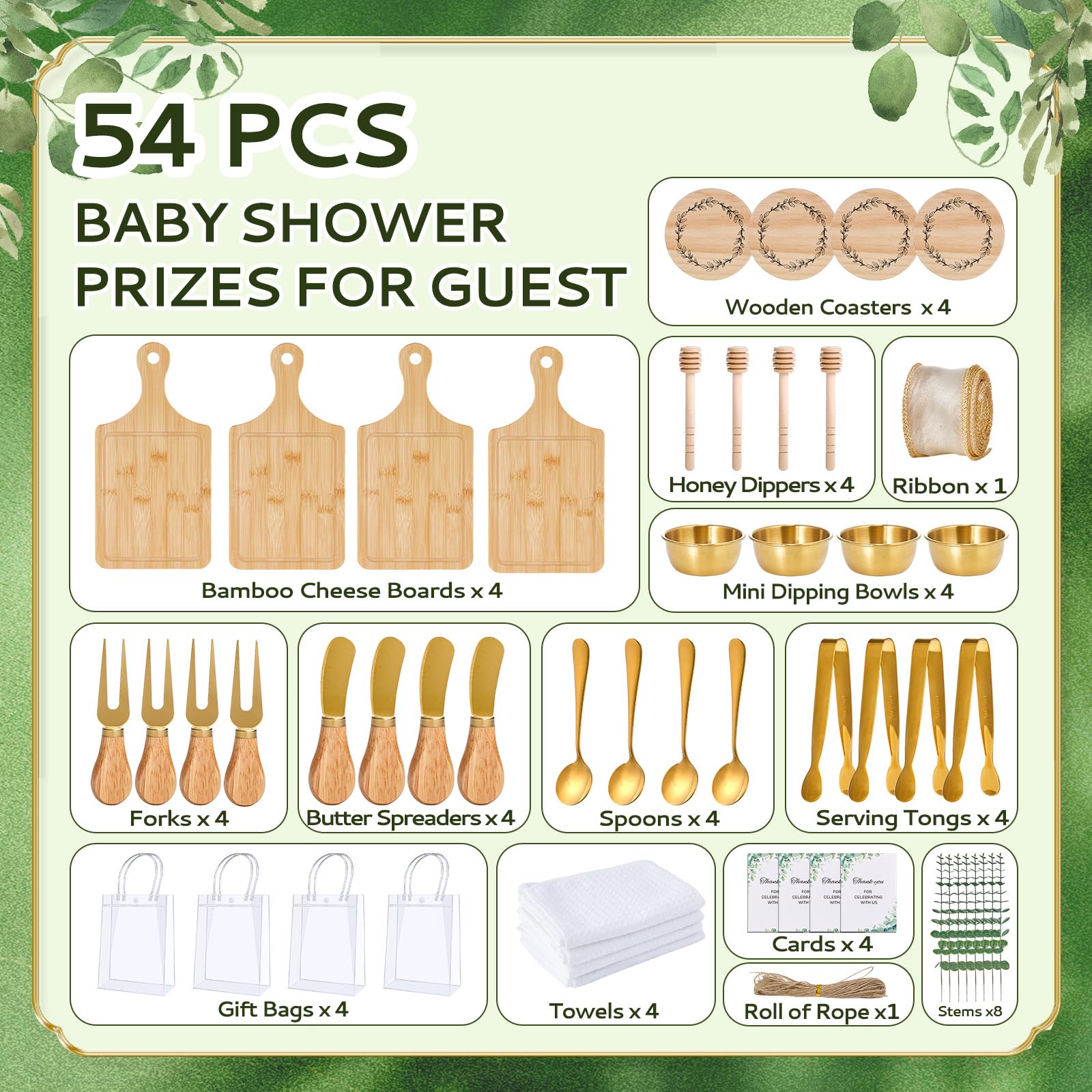 Juego de utensilios de acero inoxidable para los ganadores del juego para los ganadores del juego, tabla de queso, cuchara, cuchara, tarjeta de agradecimiento, bolsas de regalo para baby shower, boda