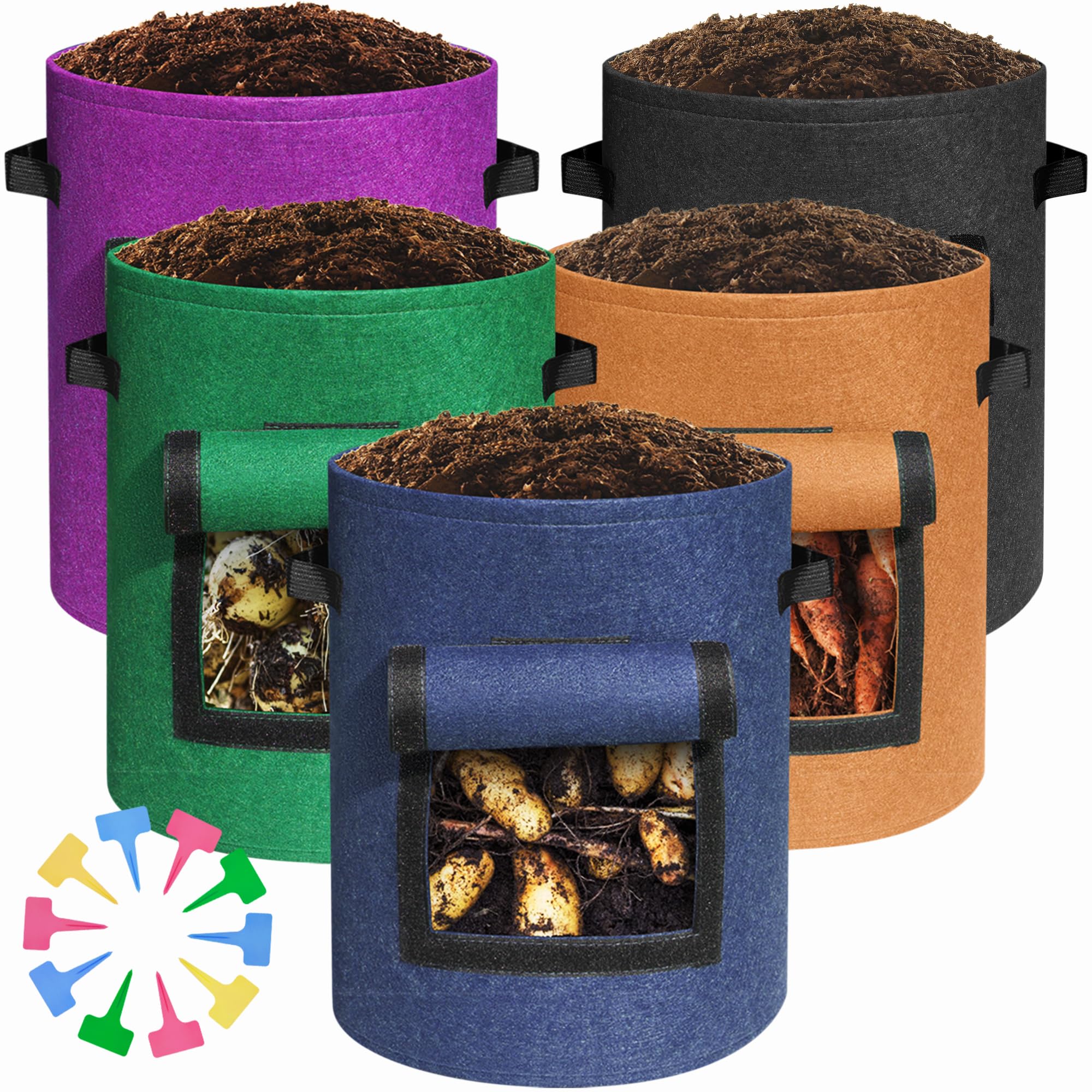 homeyeco 5-Pack 10 Gallon Multi-Colored Potato Growing Bags, Thickest Potato Grow Bags with Plant Tags, Potato Bags for Growing Potatoes with Visual-able Harvest Window, Breathable Gardening Pots