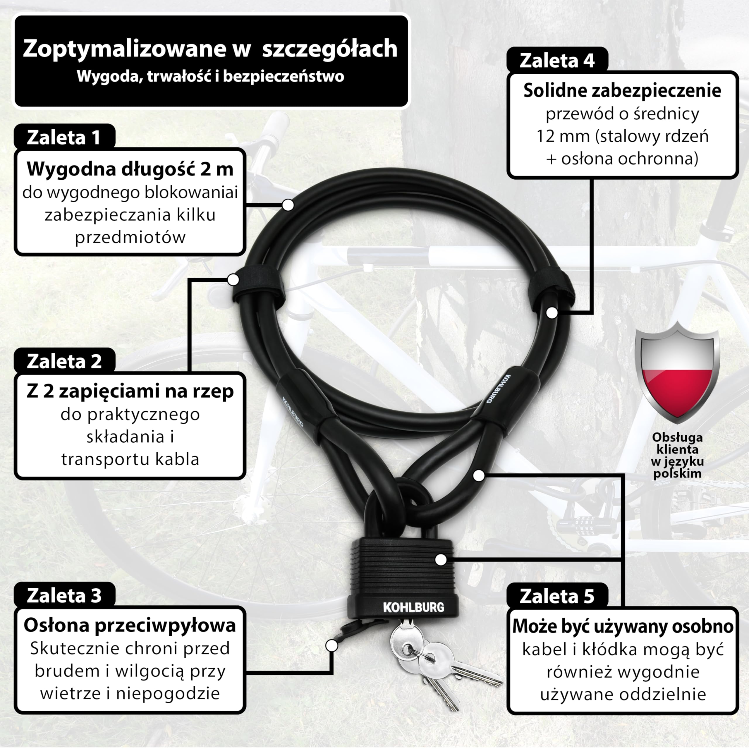 KOHLBURG Bezpieczny zamek kablowy 200 cm, 3 kluczami, Kłódka, stalowa linka | Wytrzymała, ze szlufkami, Zamek linkowy do roweru, przyczepki, wózka i mebli ogrodowych, długa blokada rowerowa
