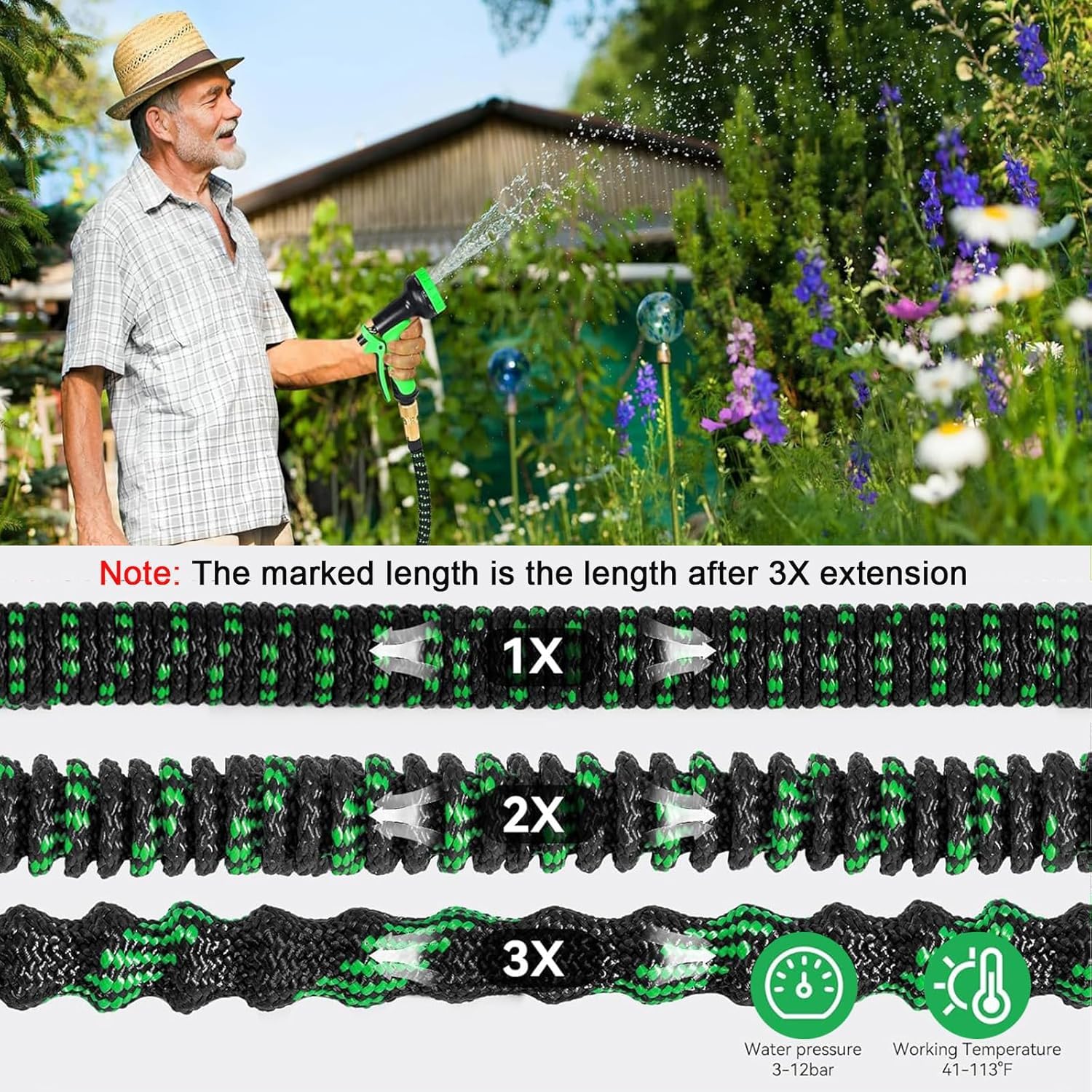 Dehnbarer Gartenschlauch, mit 10 Sprühmustern, geeignet für 1/2 Zoll und 3/4 Zoll Wasserhähne, flexibler und leichter Schlauch für Garten, Bewässerung, Reinigung mit Aufbewahrungstasche