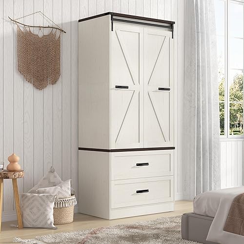 73" Tall Farmhouse 2 Doors Armoire Wardrobe Closet w/ Sliding Folding Door,2 Drawers,Closet Wardrobe Cabinet w/ LED Light,Hanging Rod for Bedroom,Wooden Wardrobe Armoire Cabinet,Rustic Brown