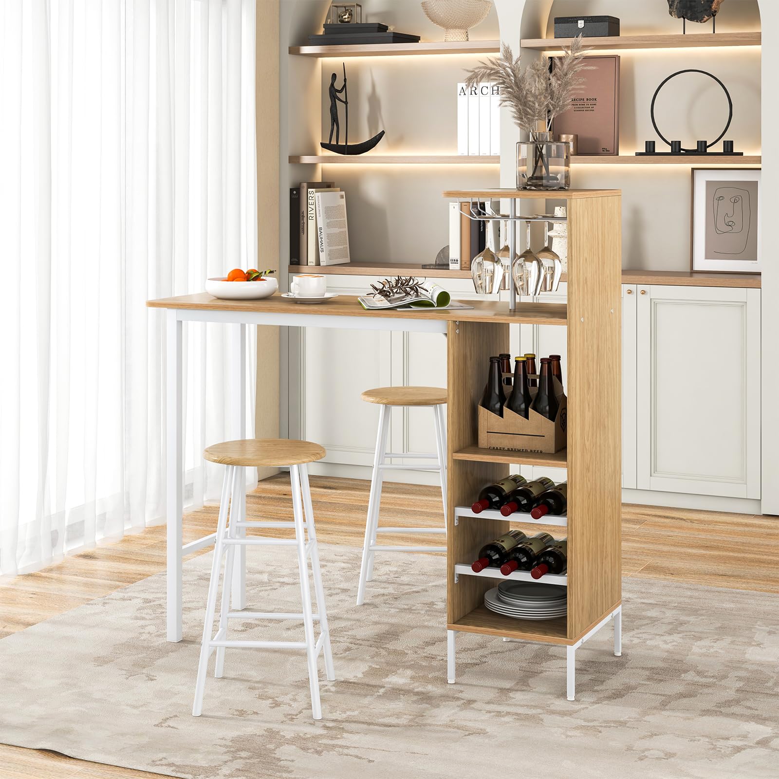COSTWAY Table Haute Cuisine avec Tabouret, Mange Debout Industriel avec Porte-Verre Porte-Bouteilles, Table Bar avec Tabouret 2 Personnes Compact pour Cuisine Salle à Manger Salon Bistro